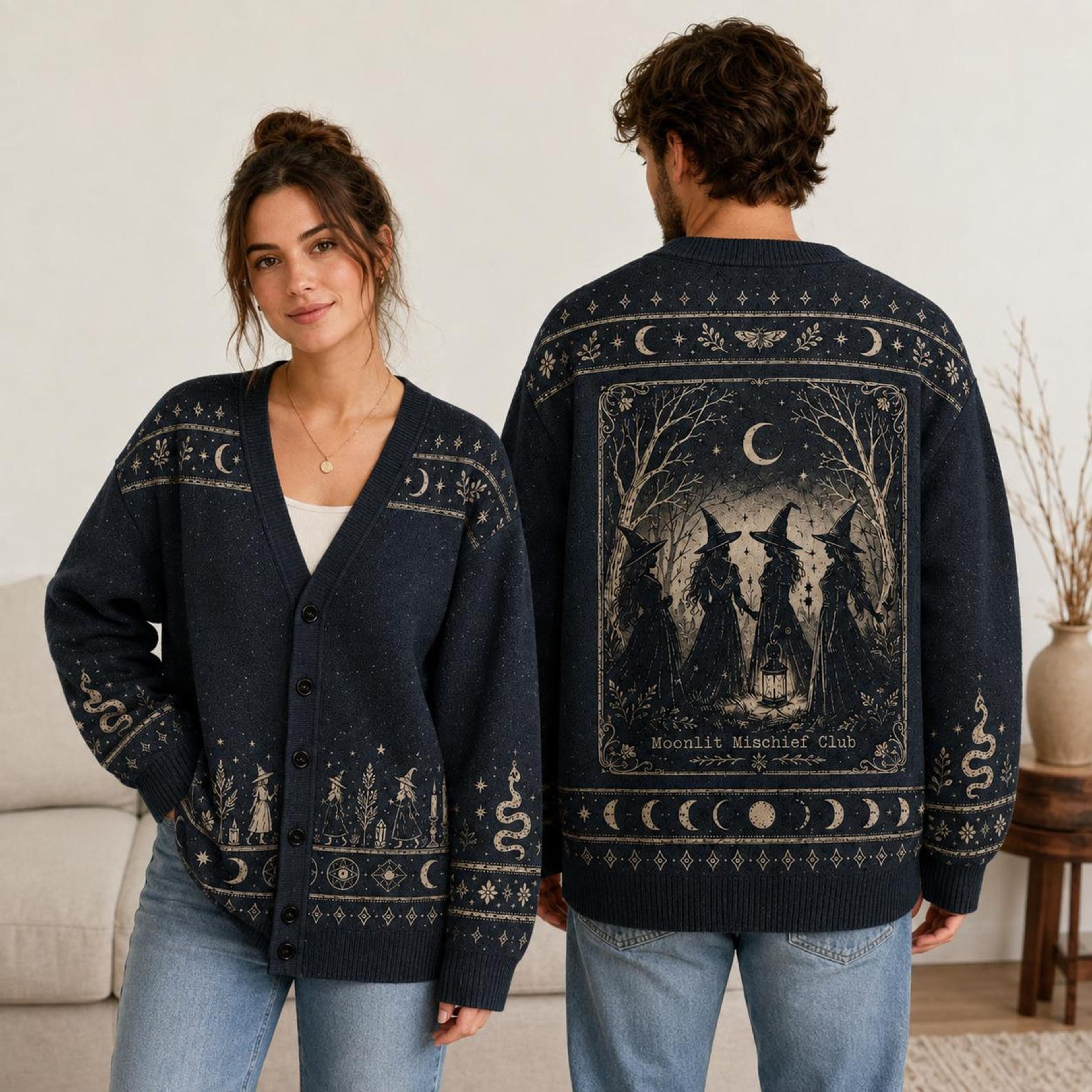 moonlit witch halloween cardigan, witch coven celestial sweater, unisex adult gothic dark academia cardigan