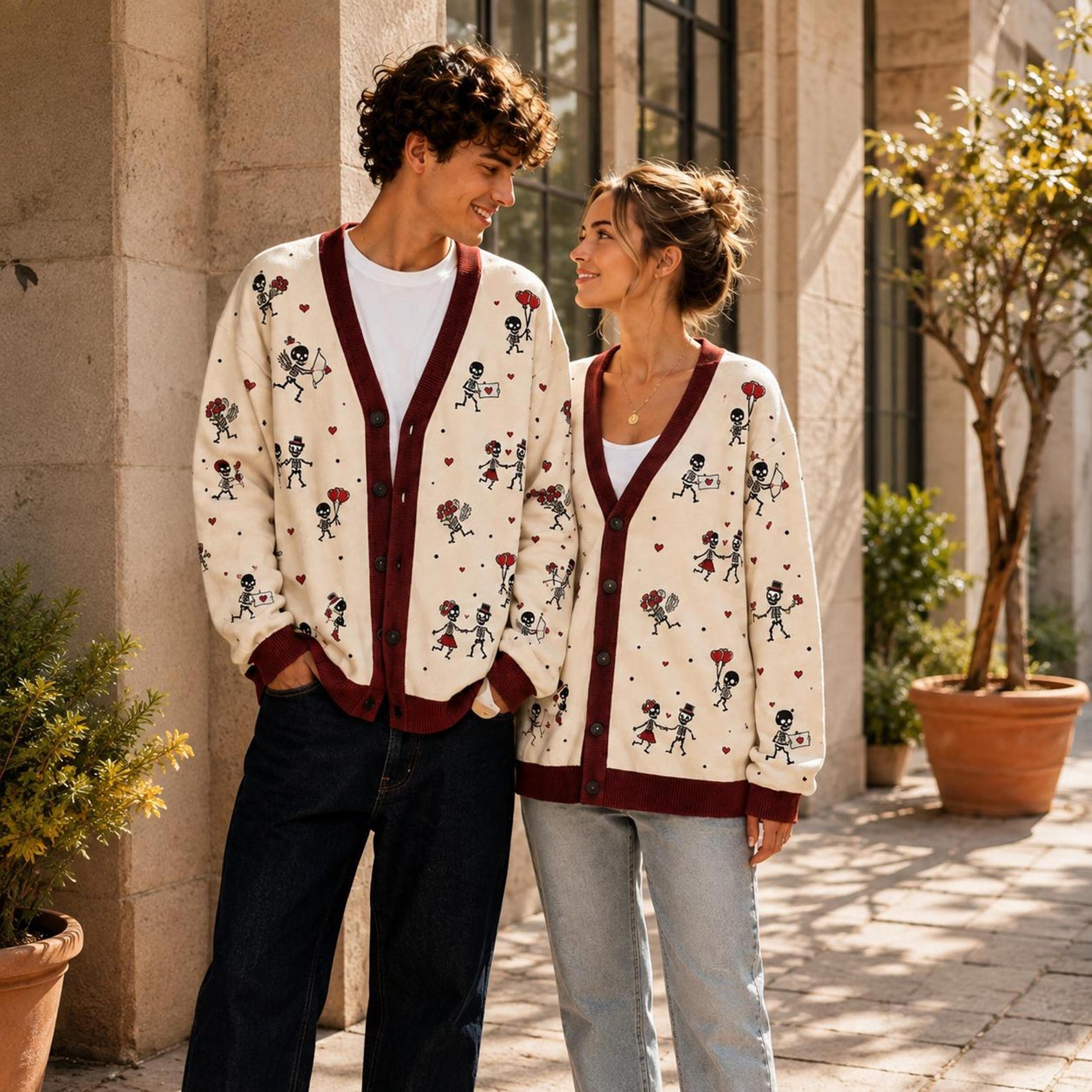 skeleton love halloween cardigan, romantic skeleton couple sweater, unisex adult spooky valentine gothic cardigan