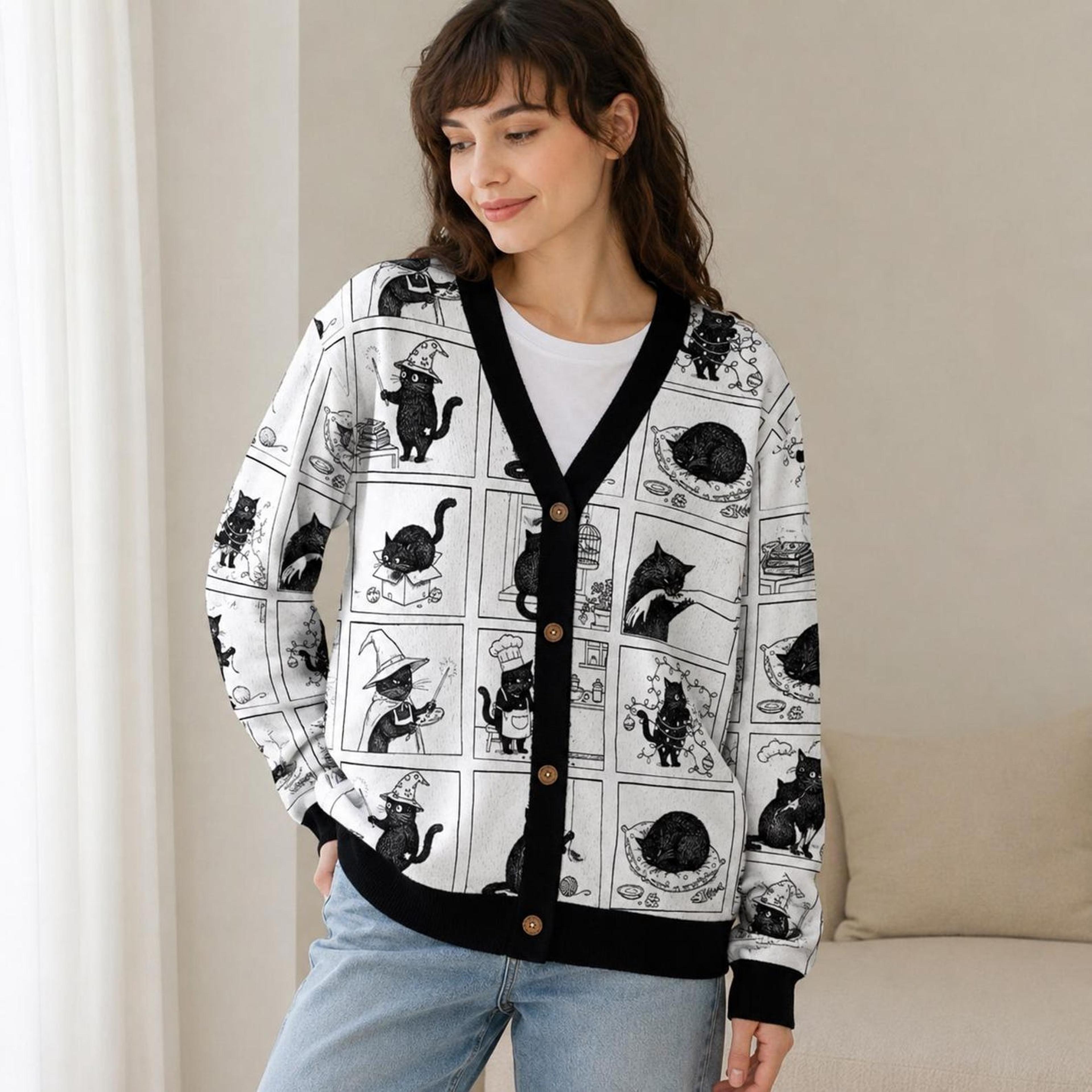 black cat comic halloween cardigan, witch cat cartoon sweater, unisex adult spooky cat black and white cardigan