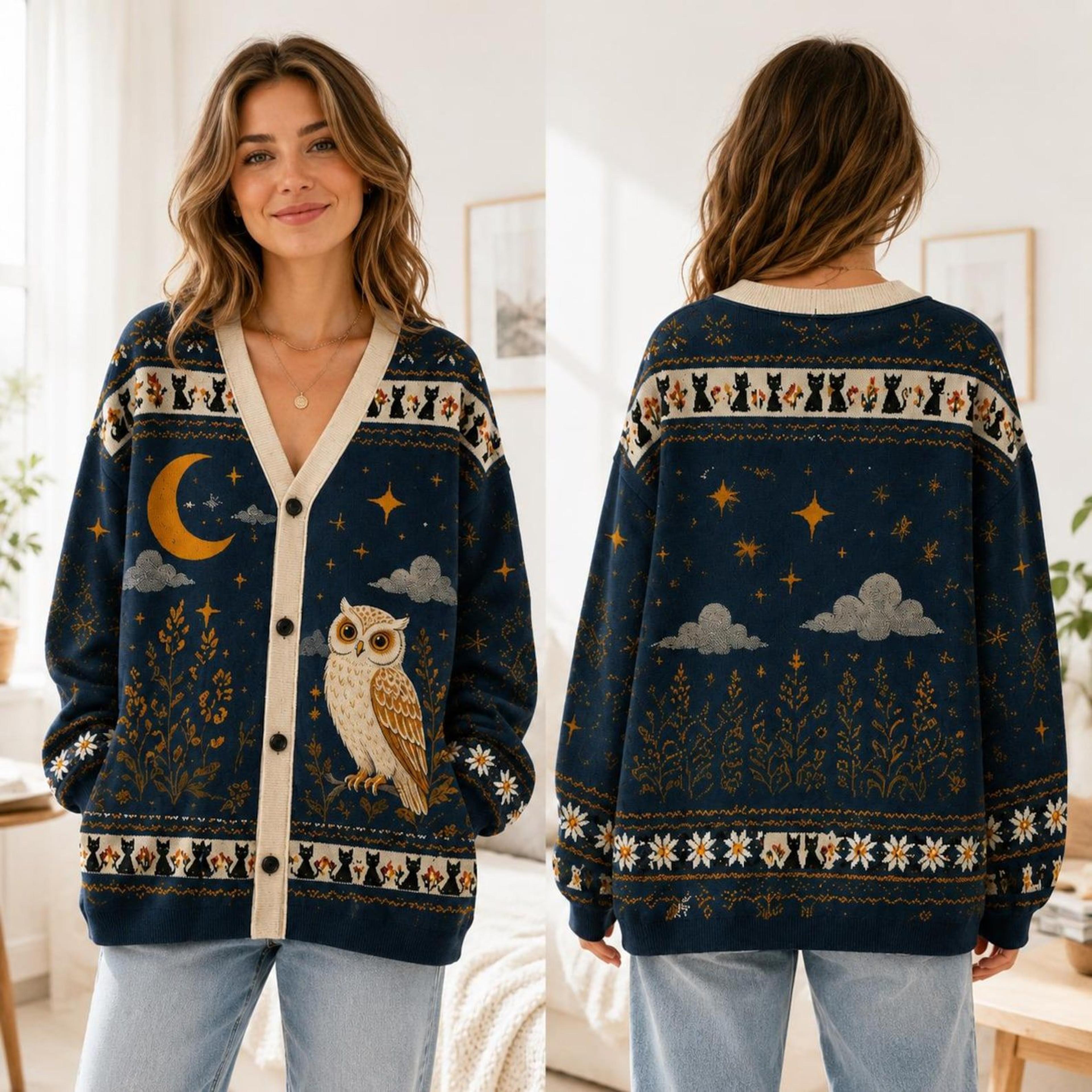 celestial owl halloween cardigan, moon star night sweater, unisex adult cottagecore autumn spooky cardigan