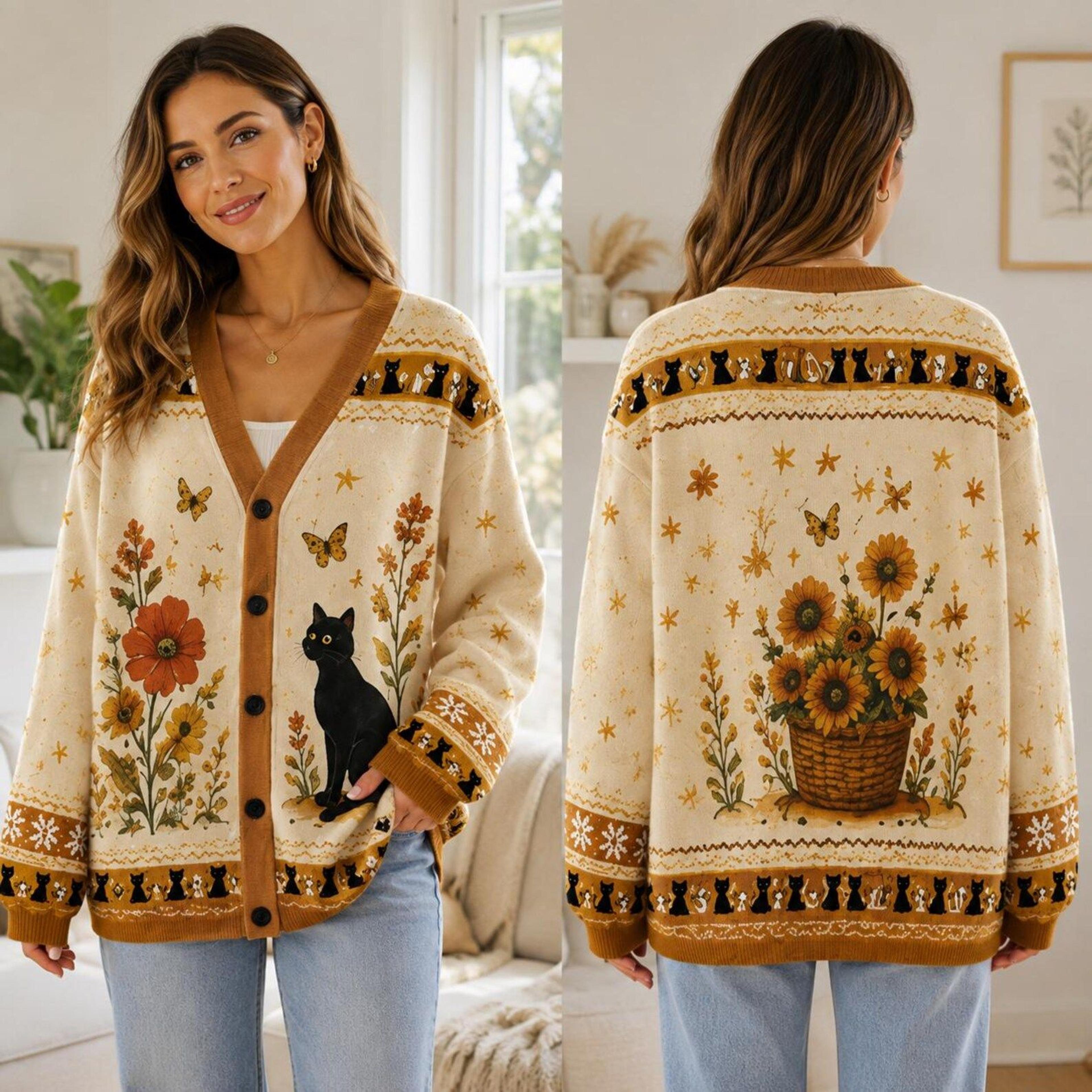 black cat sunflower halloween cardigan, cottagecore floral autumn sweater, unisex adult fall cat cardigan