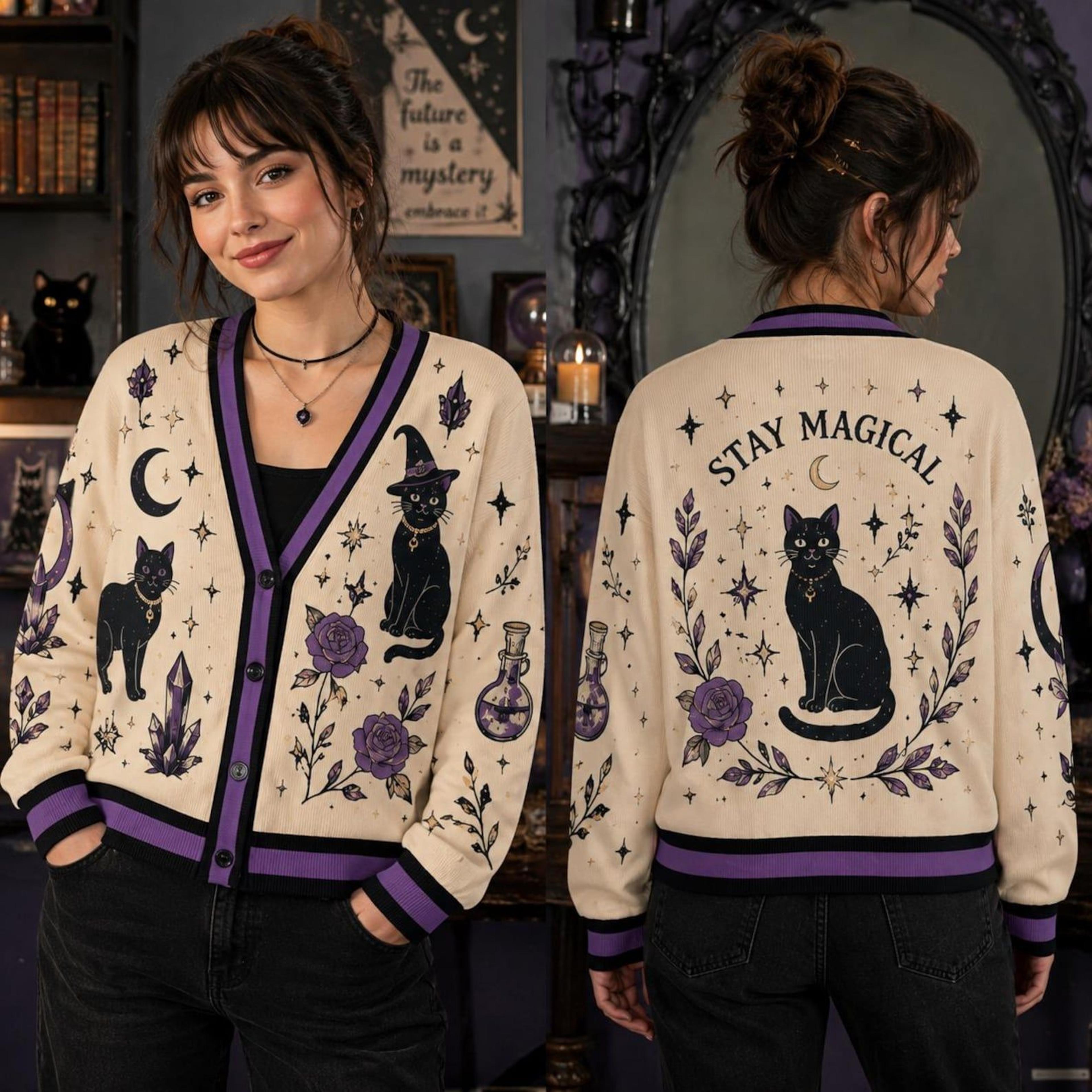 stay magical black cat cardigan, witchy cat celestial sweater, purple rose magic unisex adult halloween cardigan