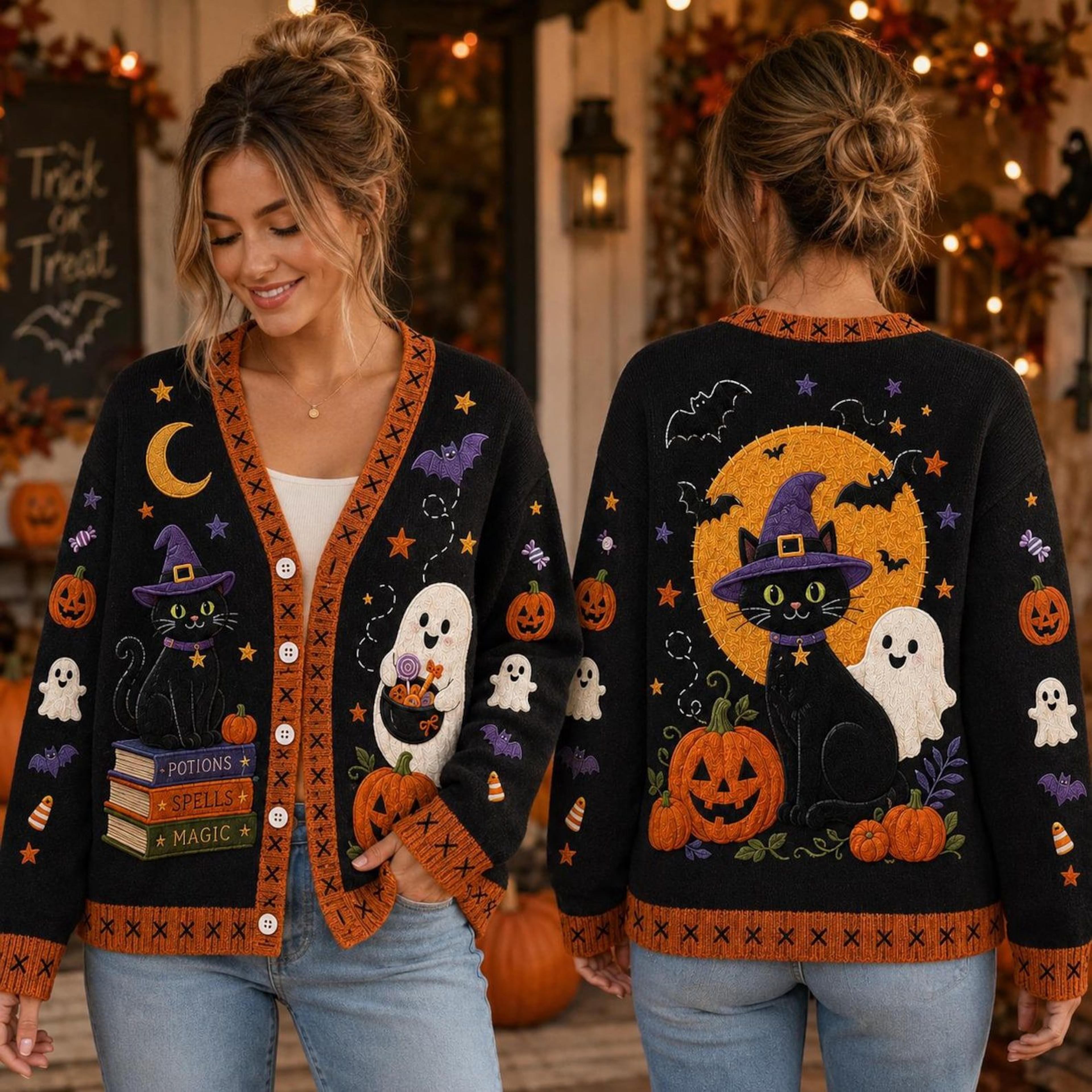 halloween witch cat cardigan, black cat ghost pumpkin sweater, spooky season unisex adult halloween cardigan