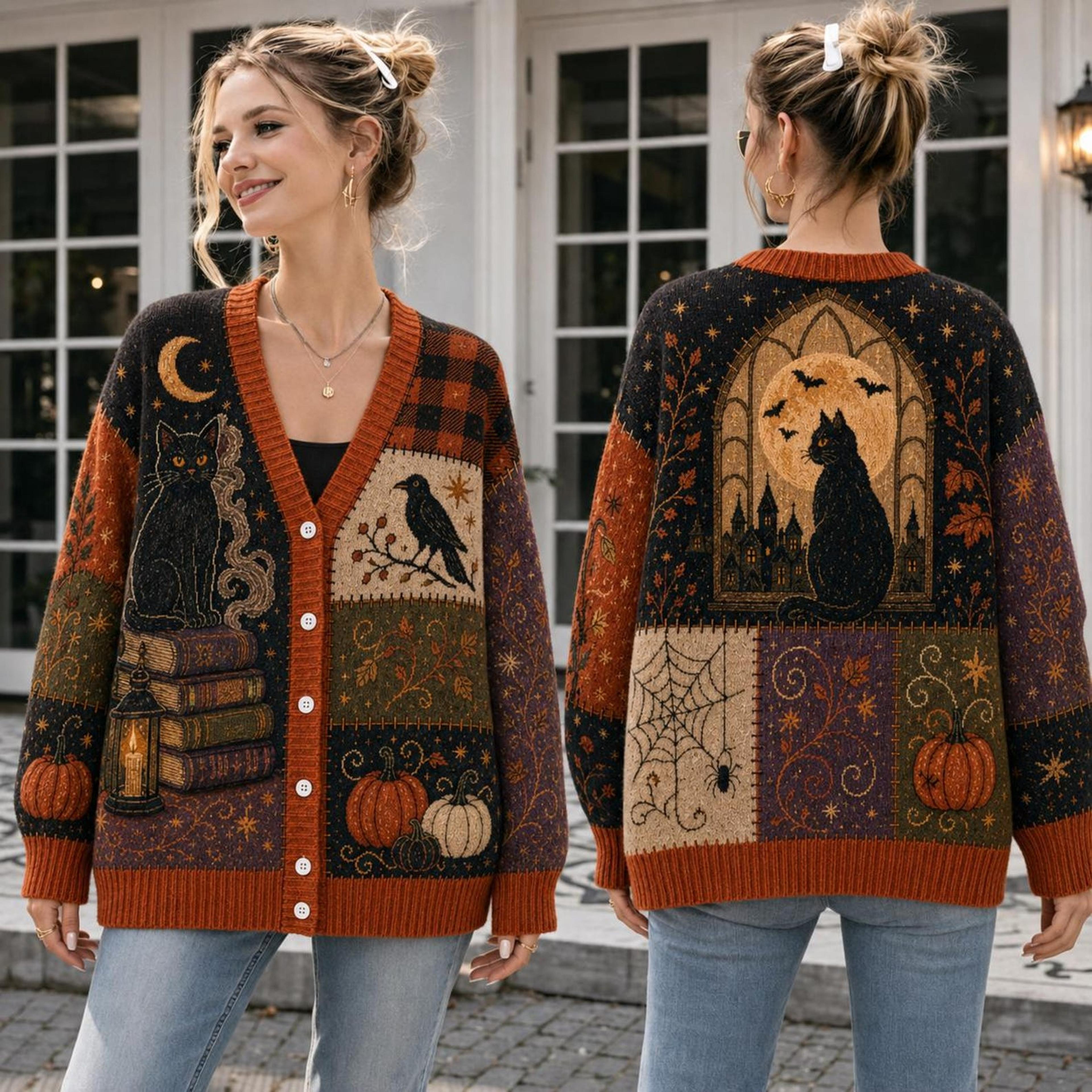 halloween black cat cardigan, gothic pumpkin patchwork sweater, witchy raven unisex adult spooky season cardigan
