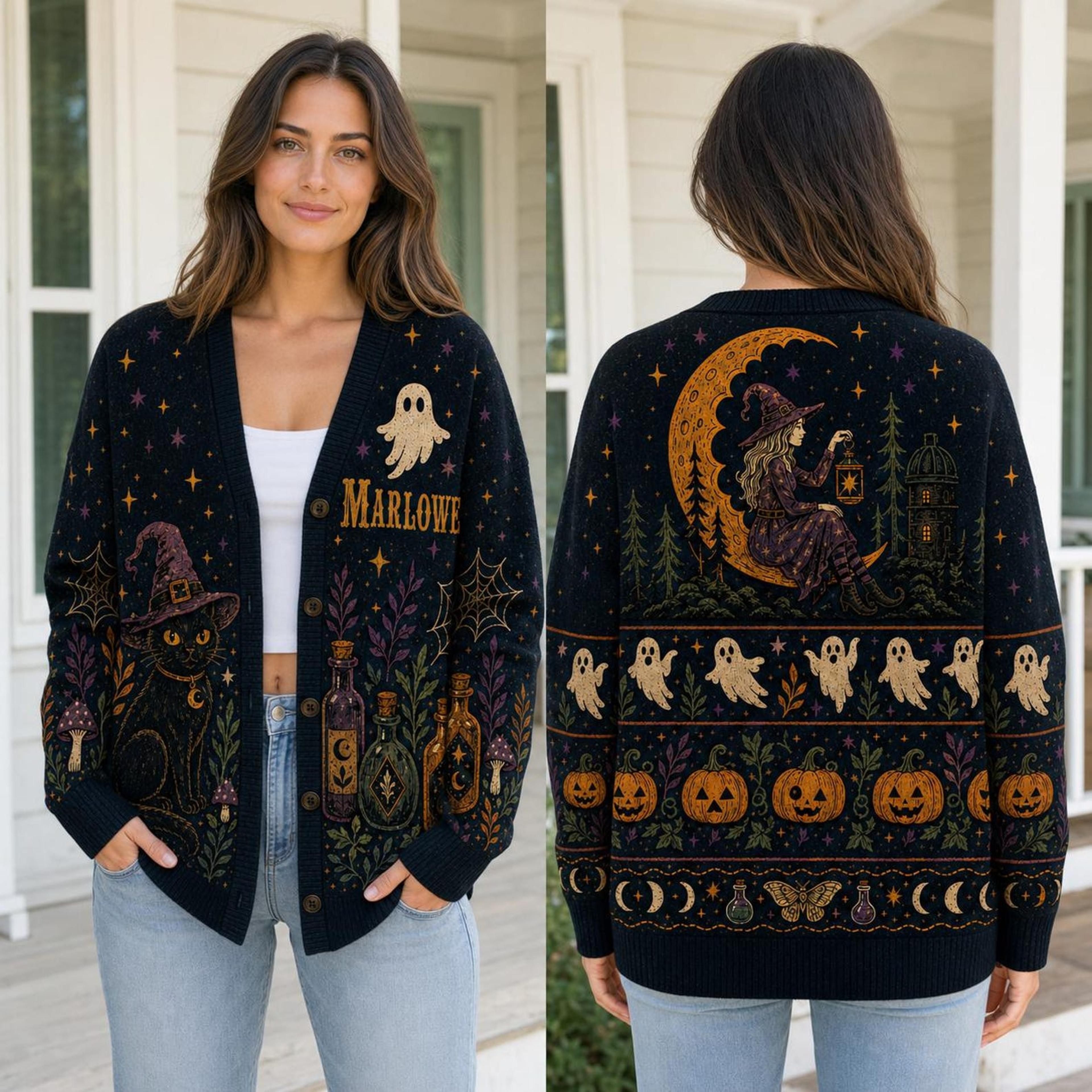 halloween witch cat cardigan, personalized name black cat ghost sweater, unisex adult spooky witchcore cardigan