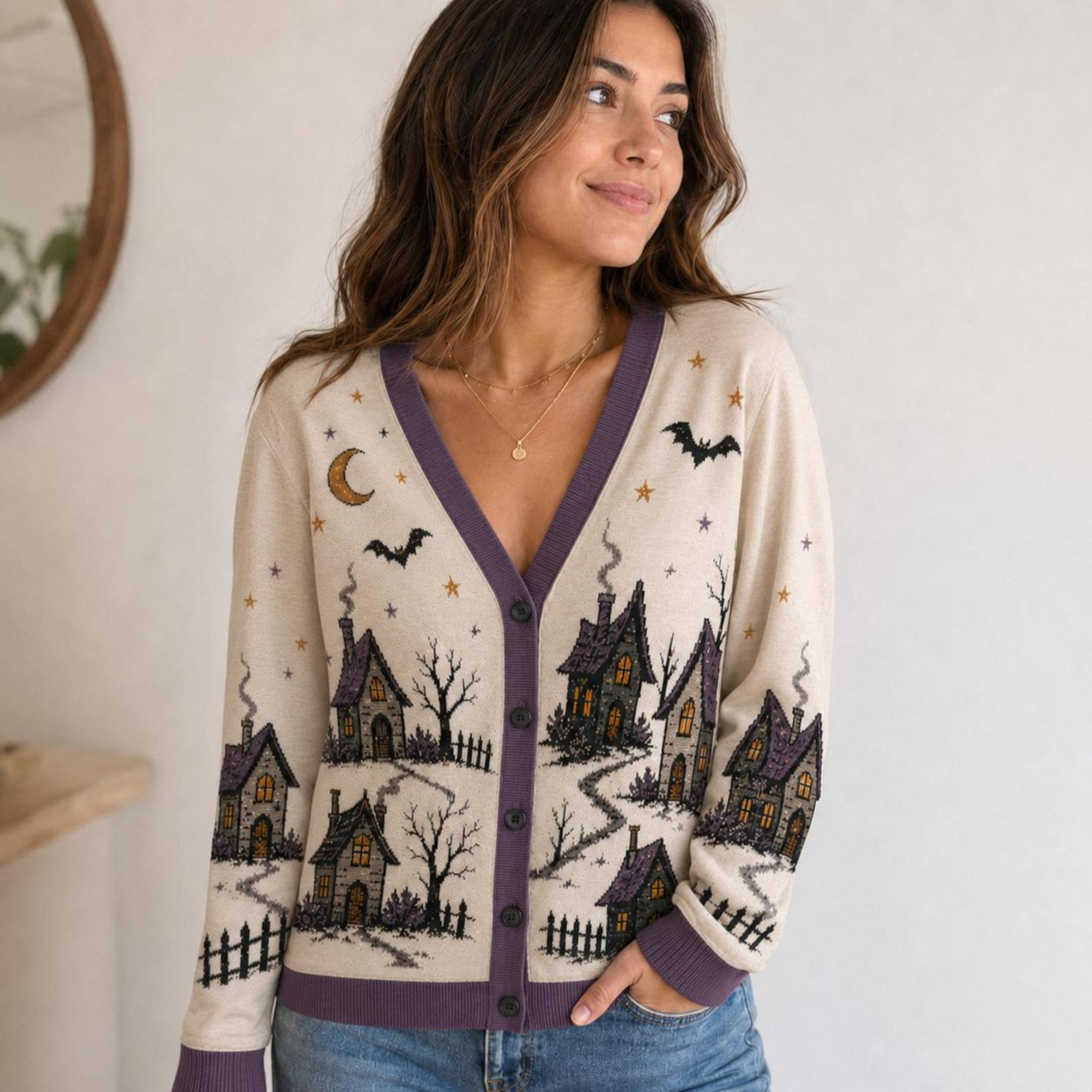 halloween haunted house cardigan, spooky moon bat sweater, gothic cottage unisex adult halloween cardigan