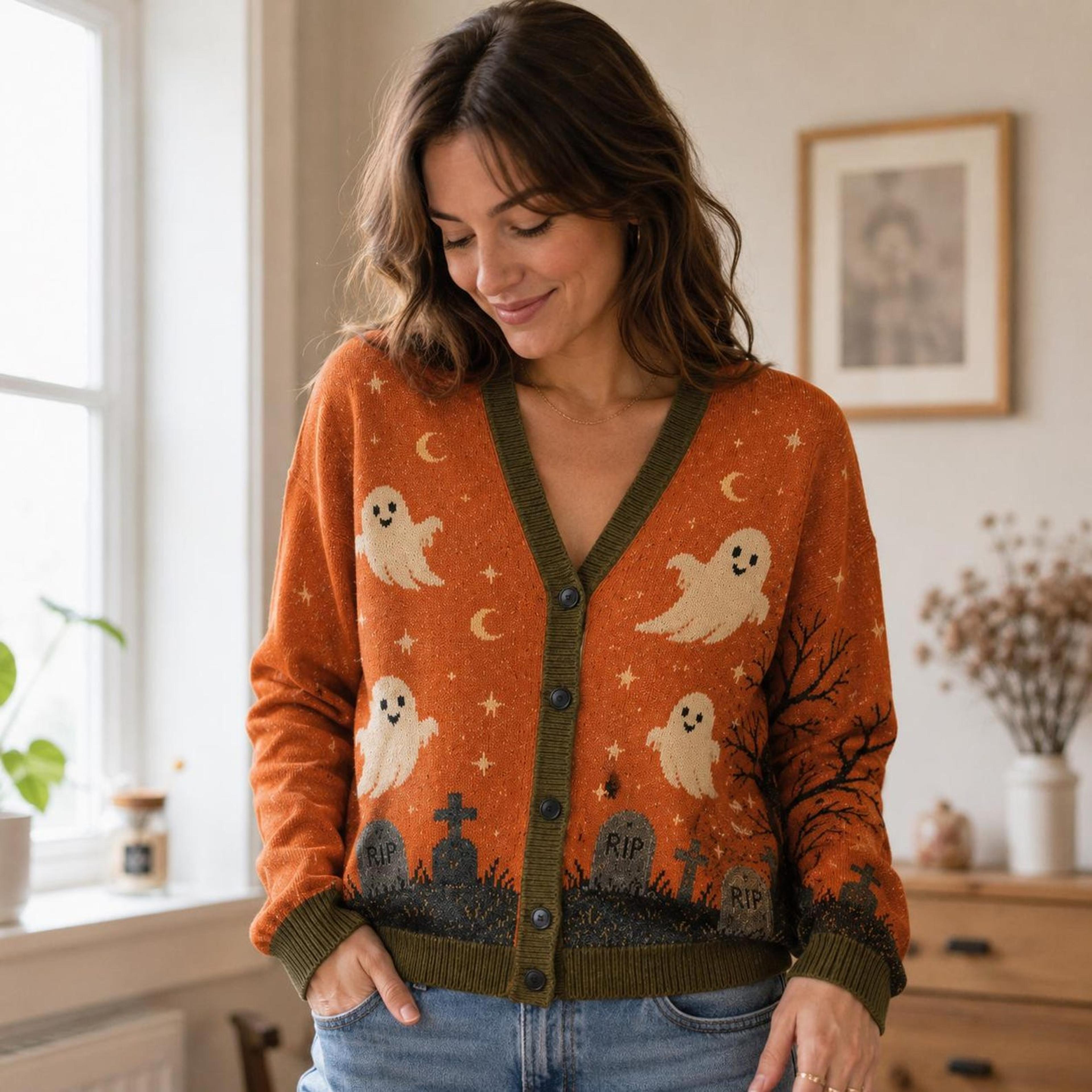 halloween ghost cardigan, orange graveyard sweater, spooky cemetery unisex adult cardigan, cute ghost fall outfit