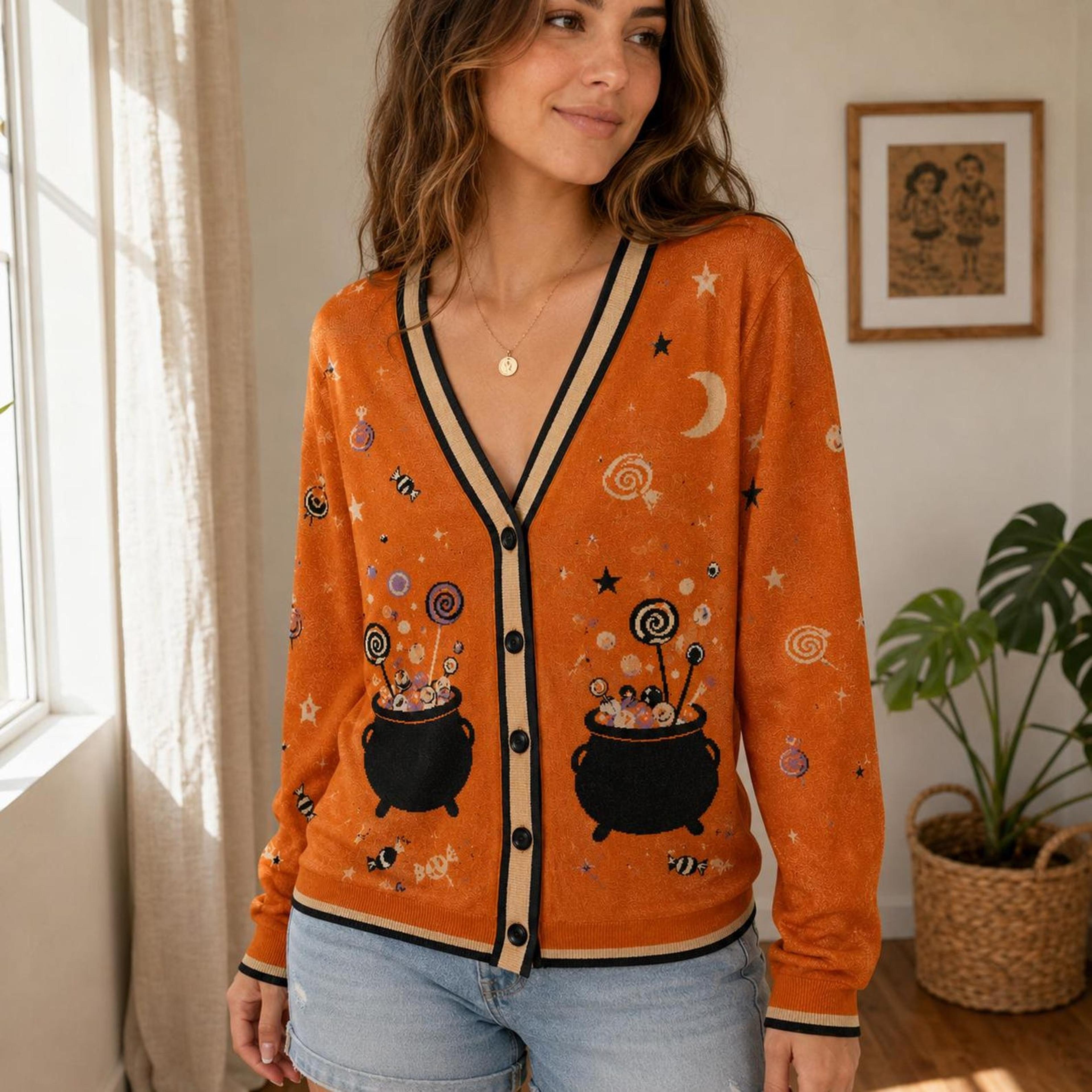 halloween candy cauldron cardigan, cute ghost spooky unisex adult cardigan, orange witch pot halloween sweater