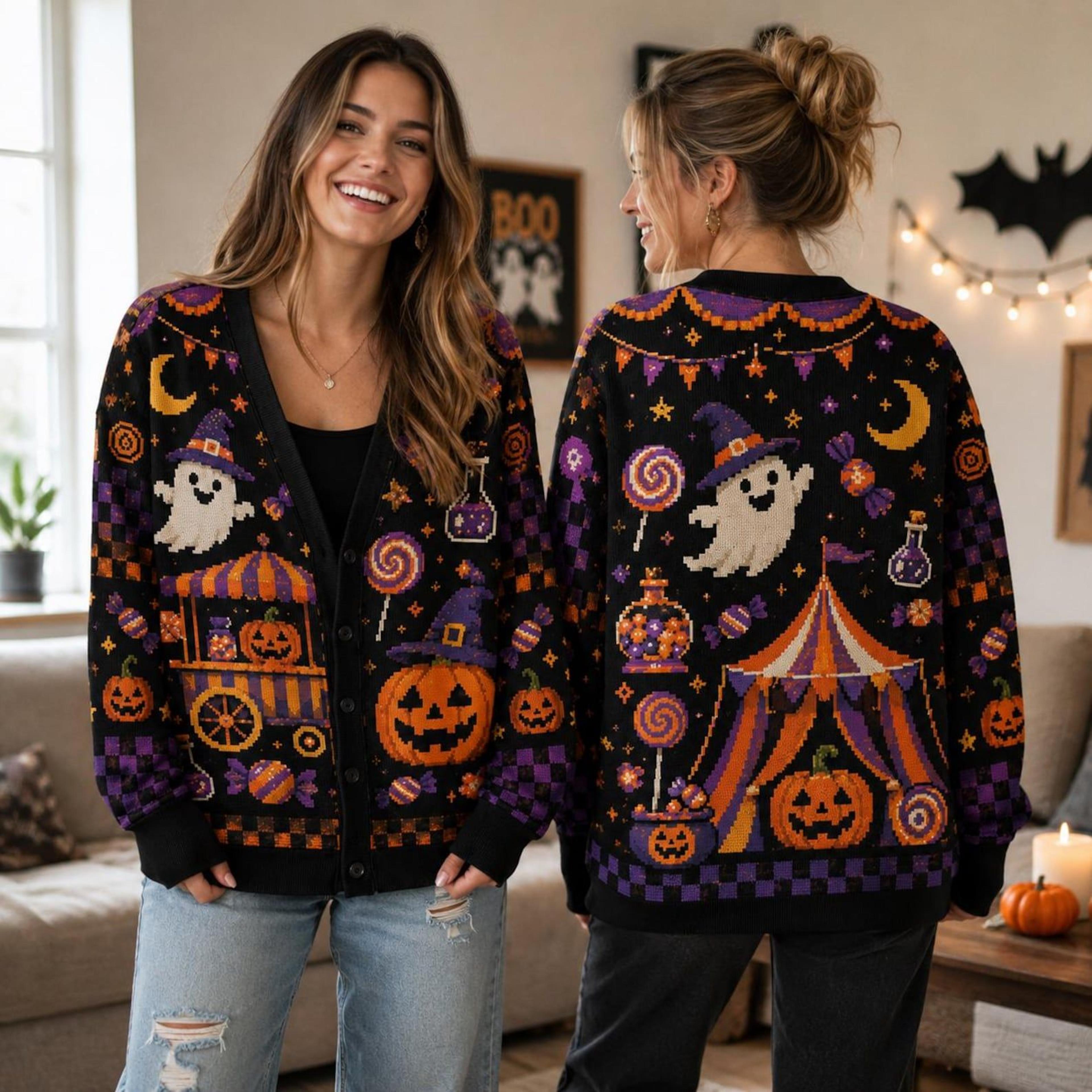 halloween carnival cardigan, ghost pumpkin circus sweater, spooky candy unisex adult halloween cardigan