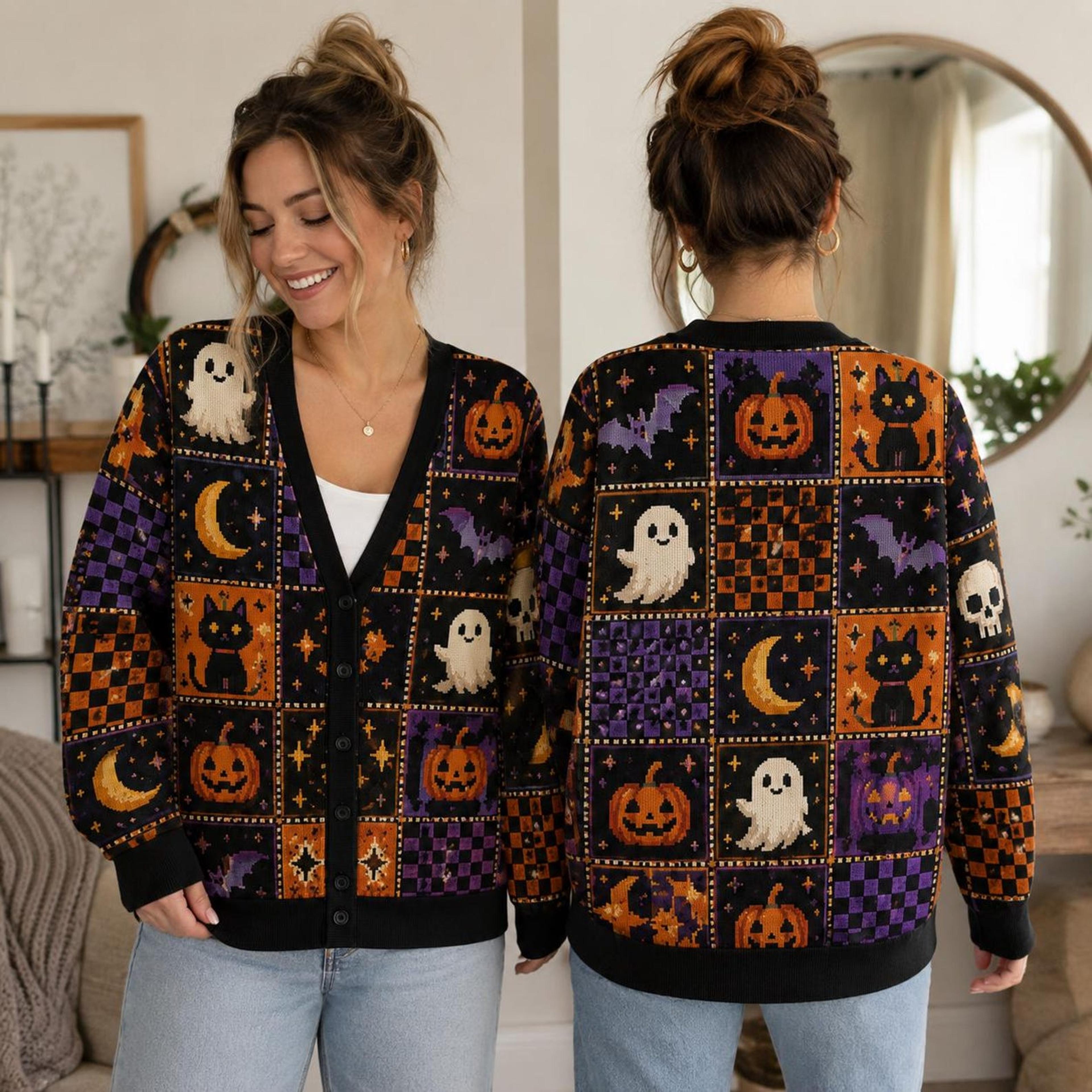 halloween patchwork cardigan, ghost black cat pumpkin sweater, spooky unisex adult halloween cardigan