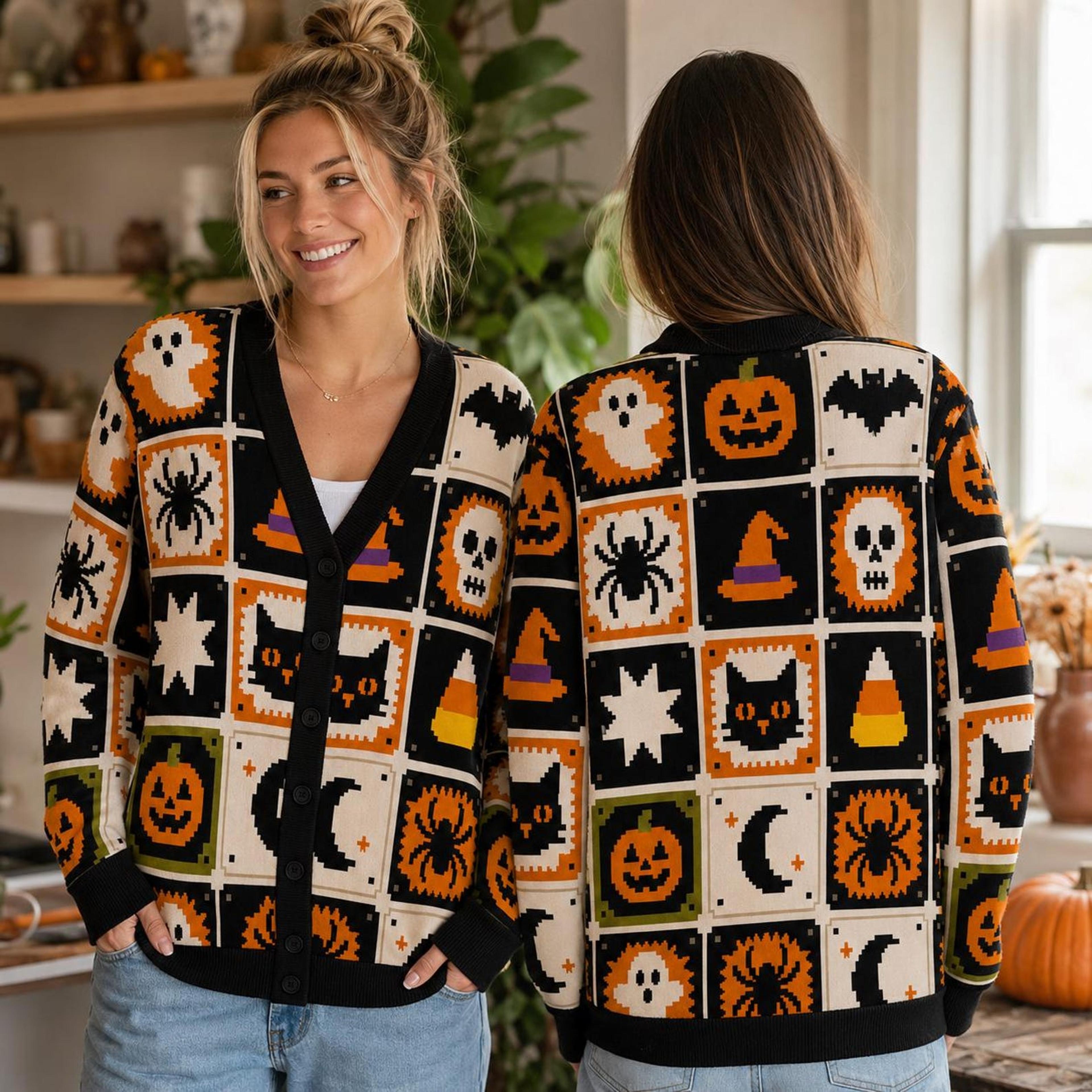 halloween patchwork cardigan, black cat ghost pumpkin sweater, retro spooky unisex adult halloween cardigan