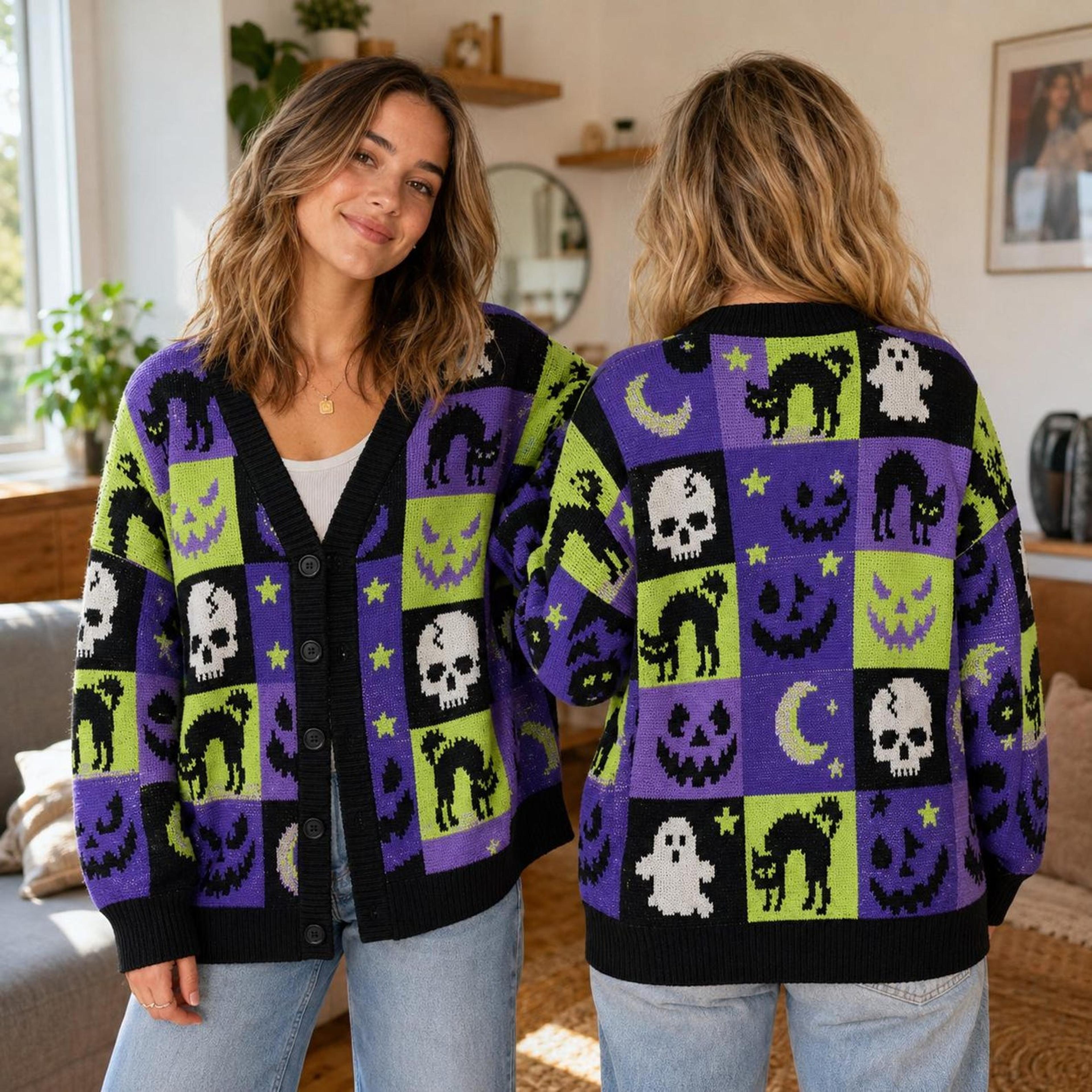 halloween neon patchwork cardigan, black cat ghost skull pumpkin sweater, unisex adult spooky halloween cardigan
