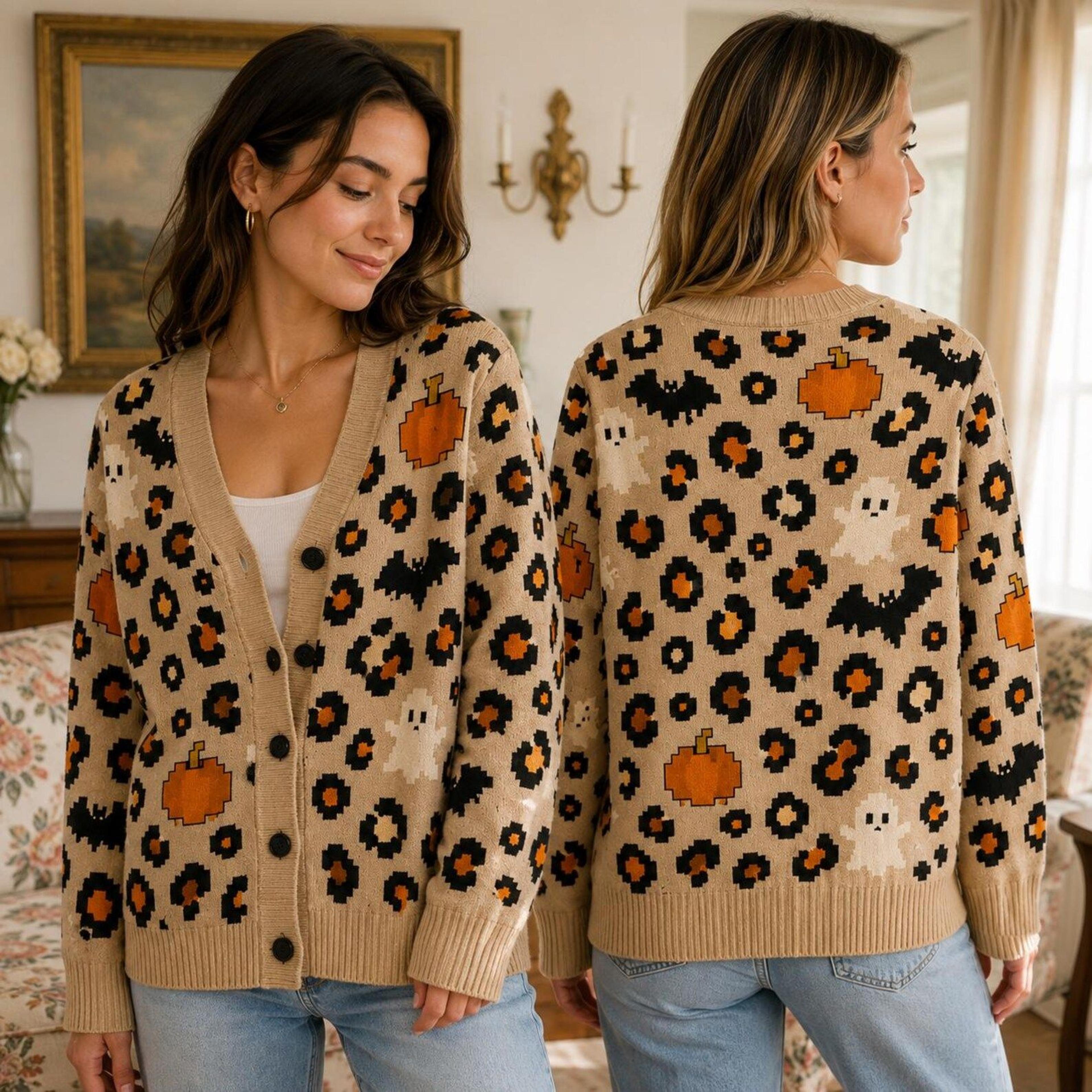 halloween leopard print cardigan, unisex adult ghost pumpkin bat sweater, spooky animal print fall cardigan