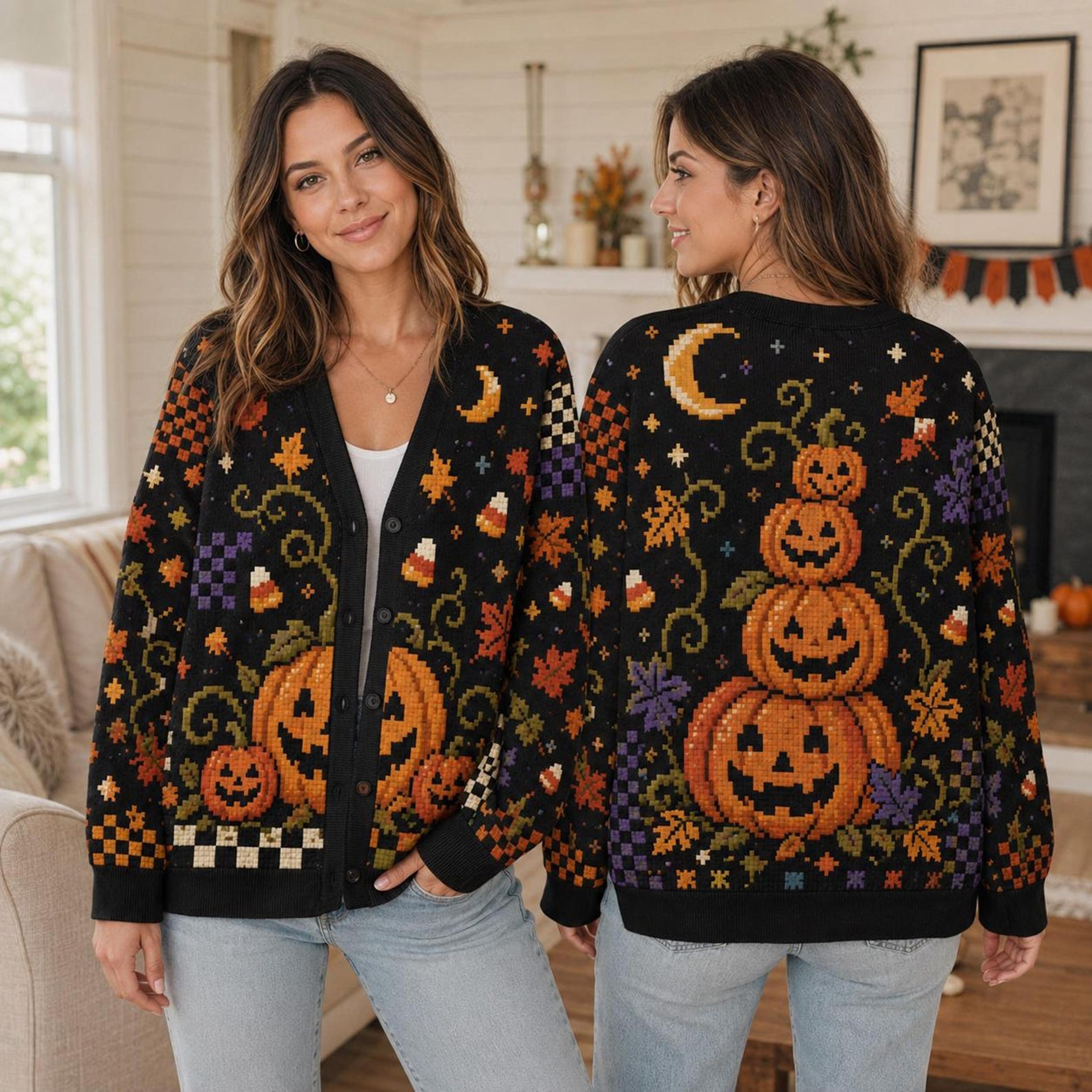 halloween pumpkin cardigan, unisex adult jack o lantern printed sweater, spooky moon autumn fall cardigan