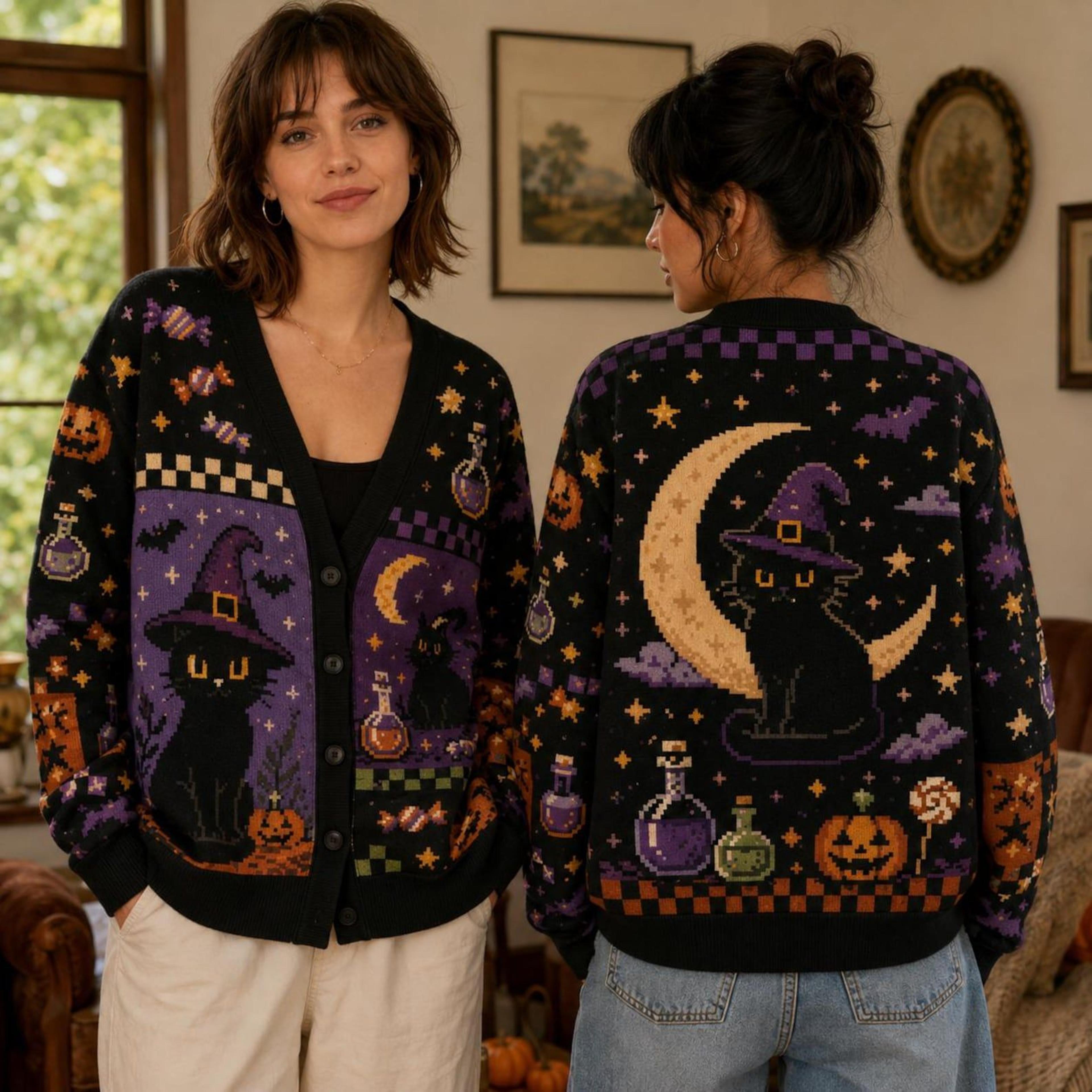 halloween black cat cardigan, unisex adult witch cat moon printed sweater, spooky purple pumpkin fall cardigan