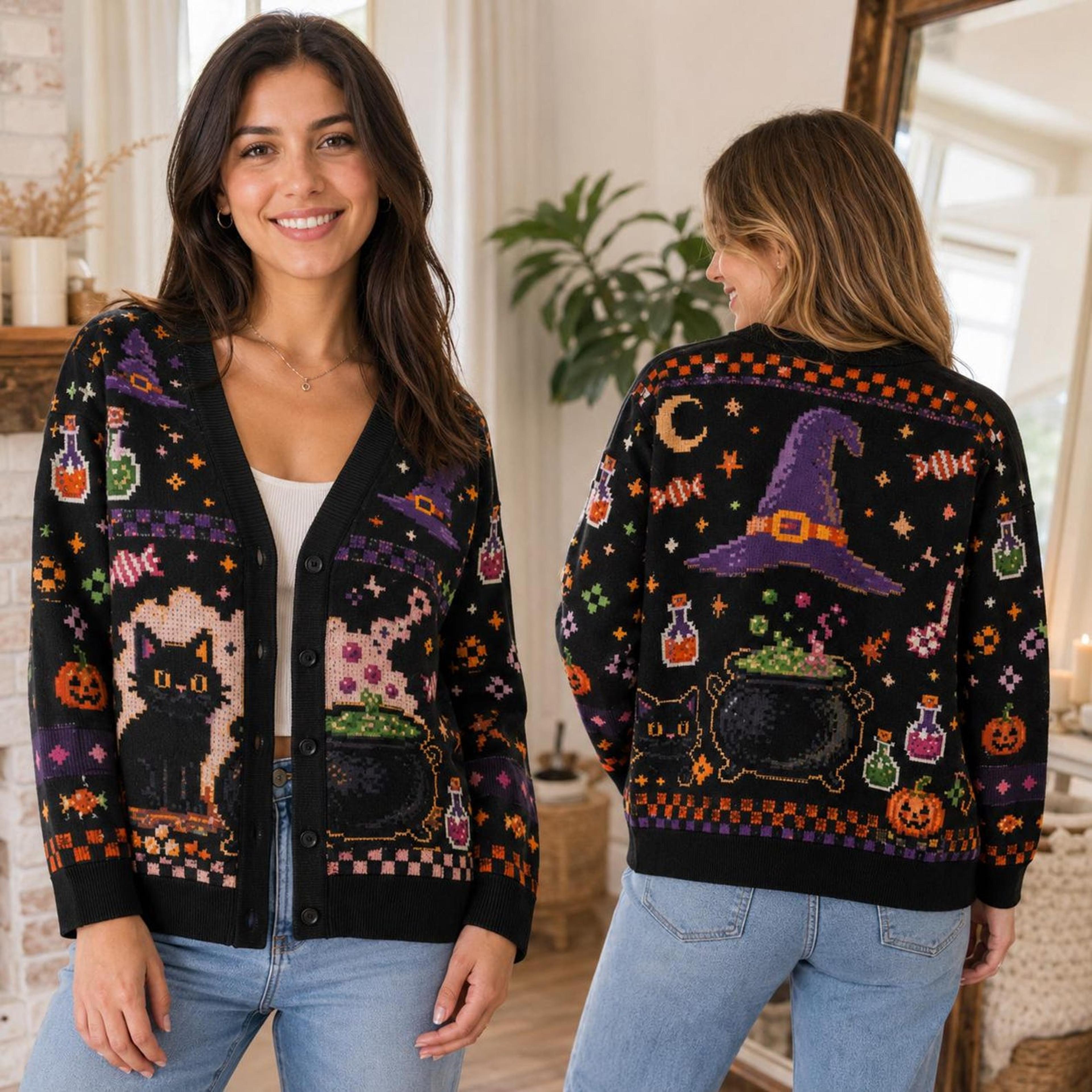halloween witch cat cardigan, unisex adult black cat cauldron printed sweater, spooky potion fall cardigan