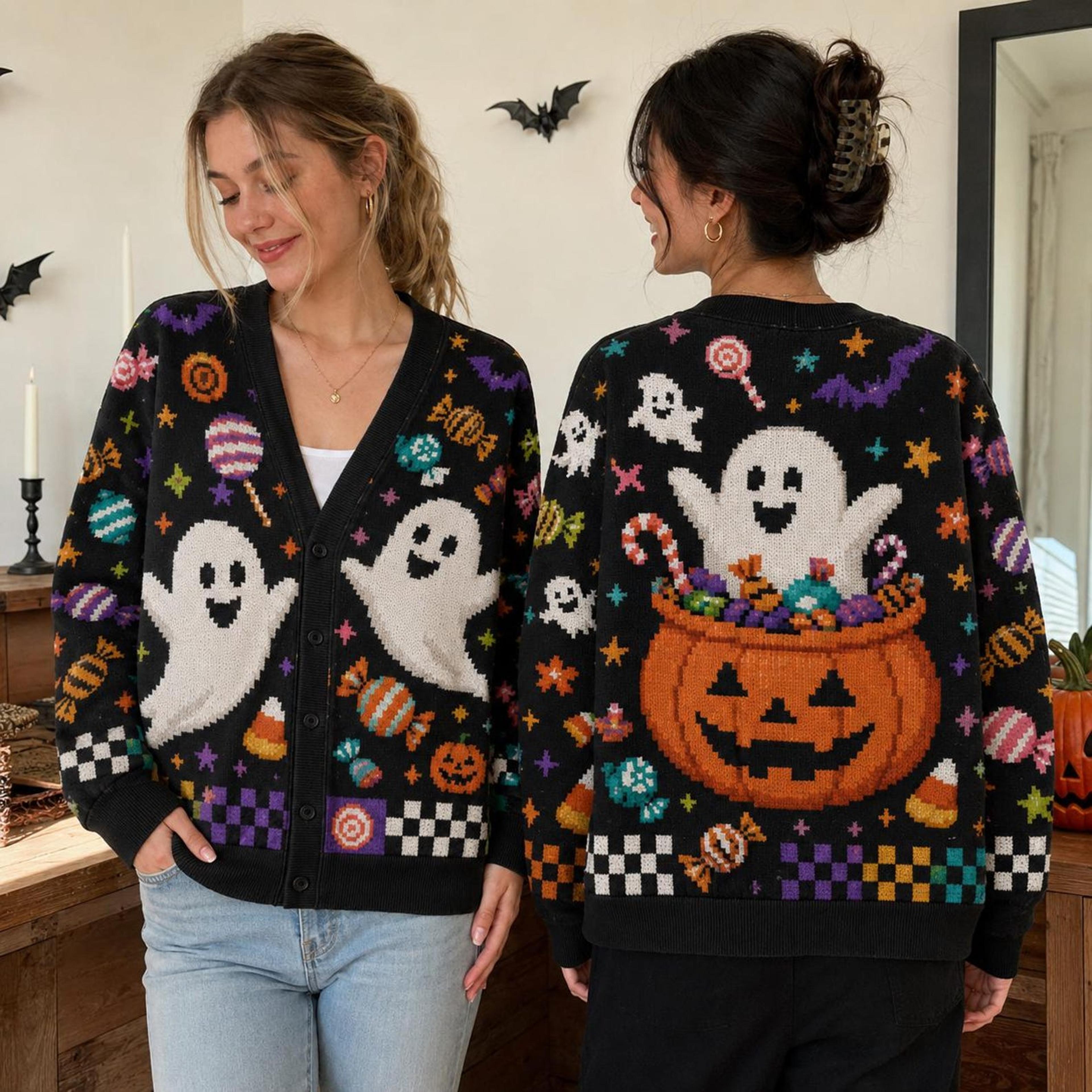 halloween ghost candy cardigan, unisex adult pumpkin printed sweater, cute spooky trick or treat fall cardigan