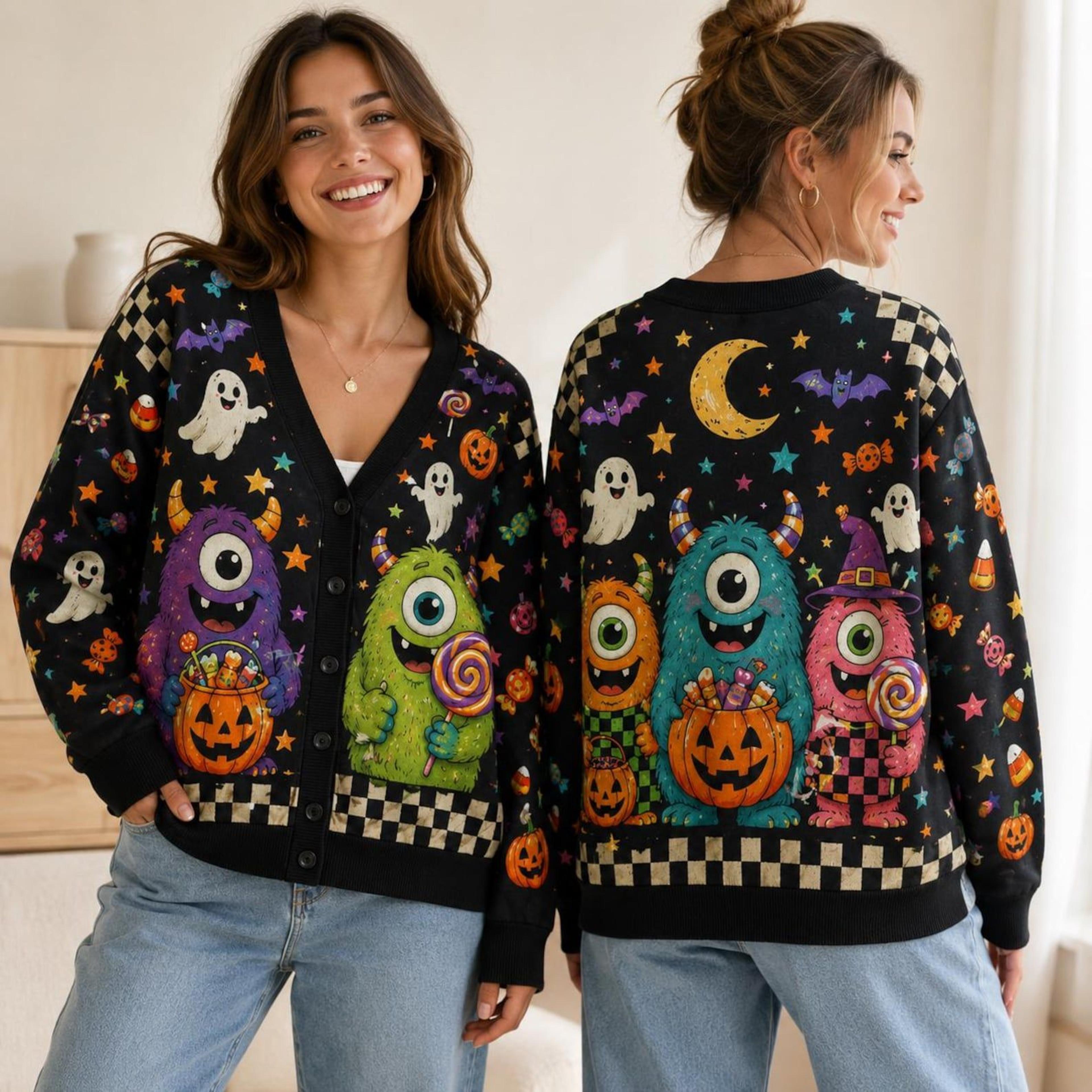 halloween monster cardigan, unisex adult ghost pumpkin printed sweater, colorful spooky candy fall cardigan