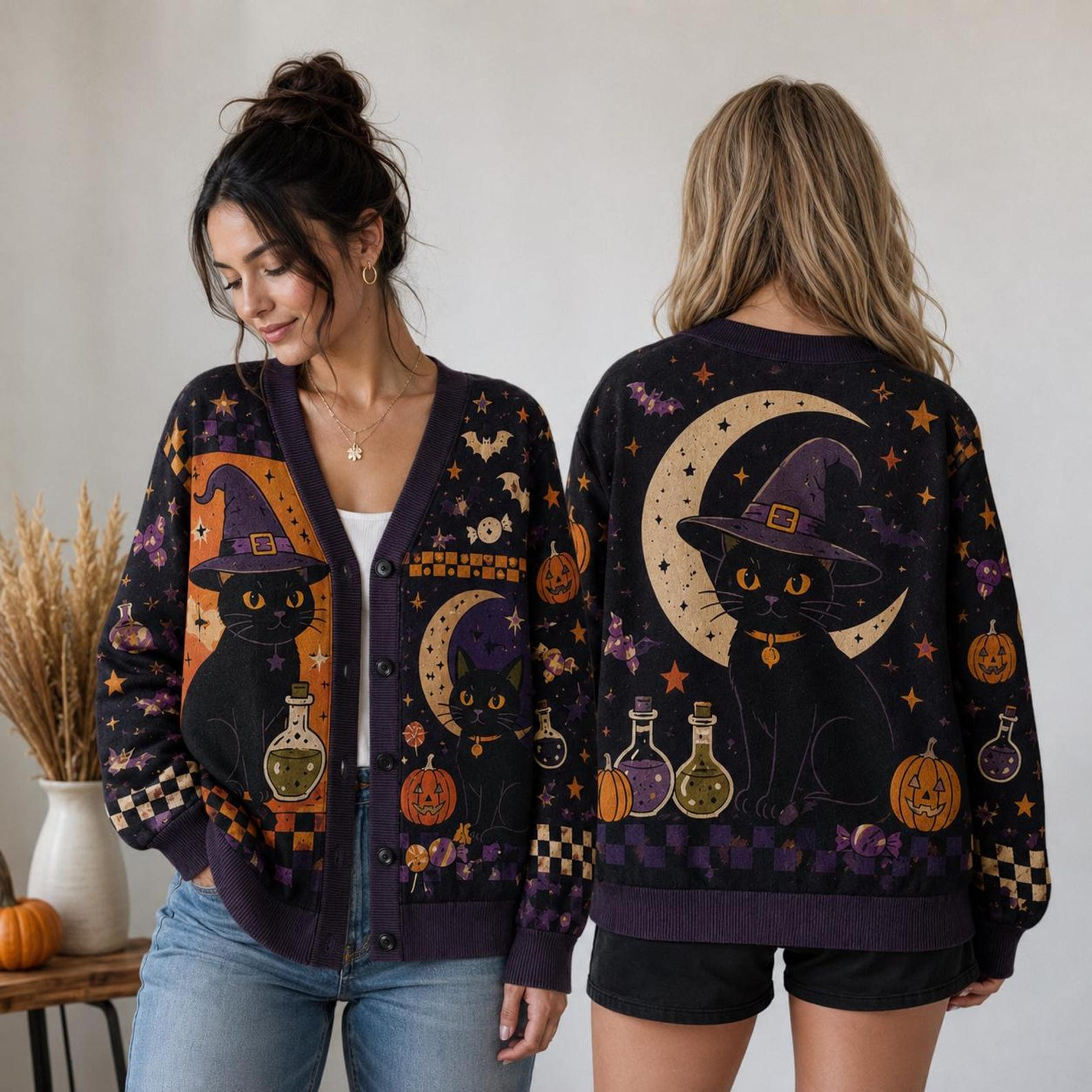 halloween black cat cardigan, unisex adult witch cat moon printed sweater, spooky pumpkin potion fall cardigan