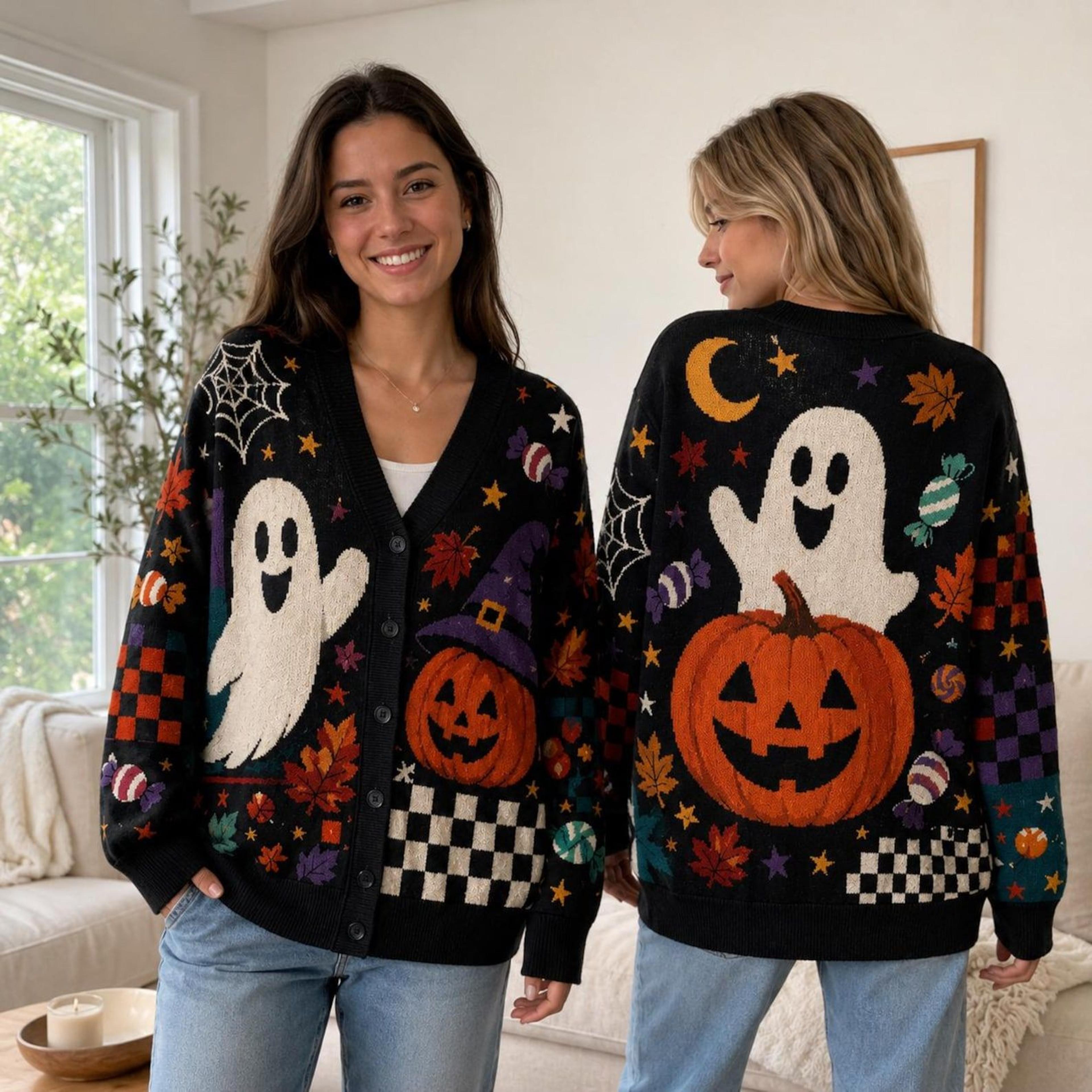 halloween ghost cardigan, unisex adult pumpkin printed sweater, spooky candy spider web fall cardigan