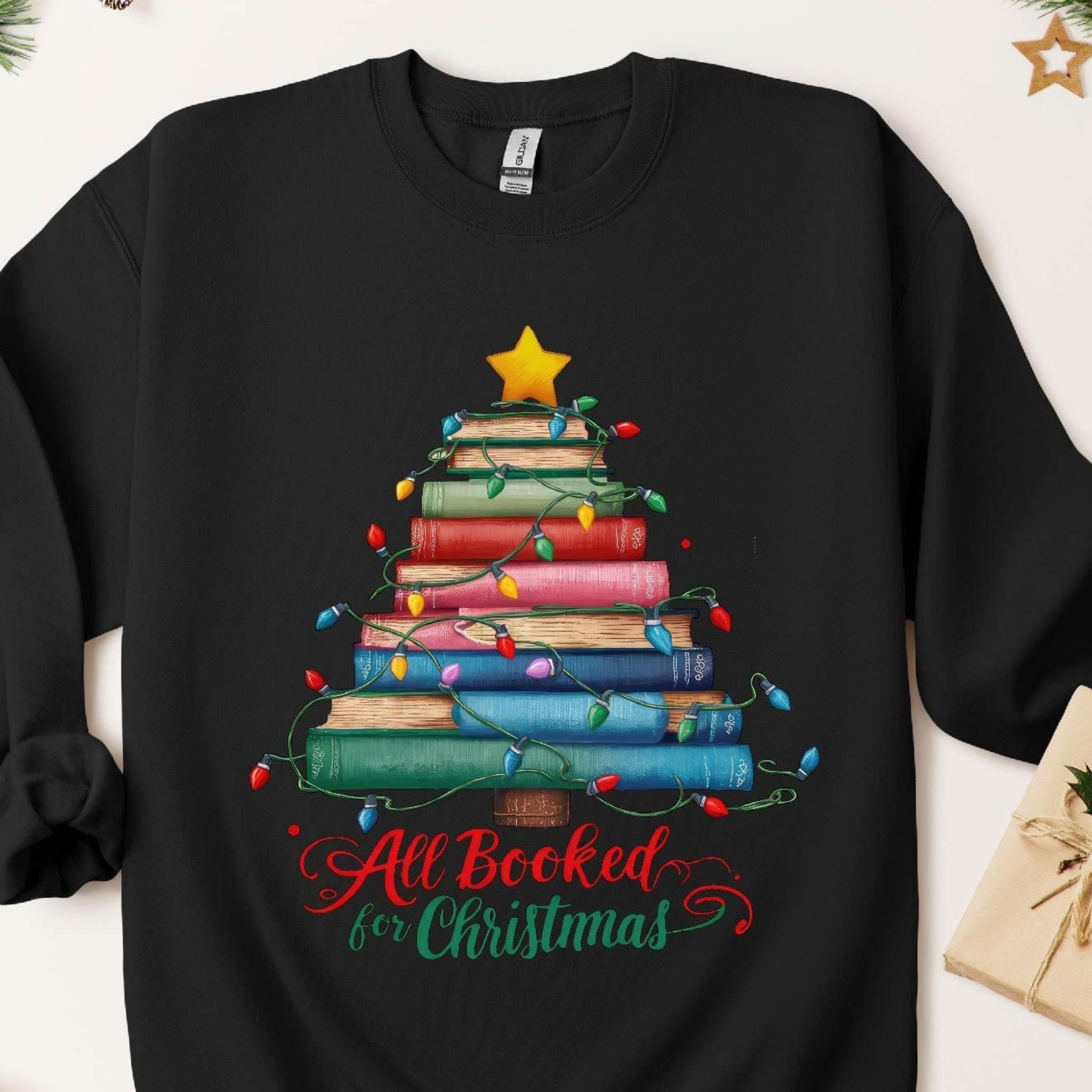 all booked for christmas t shirt book tree librarian gift