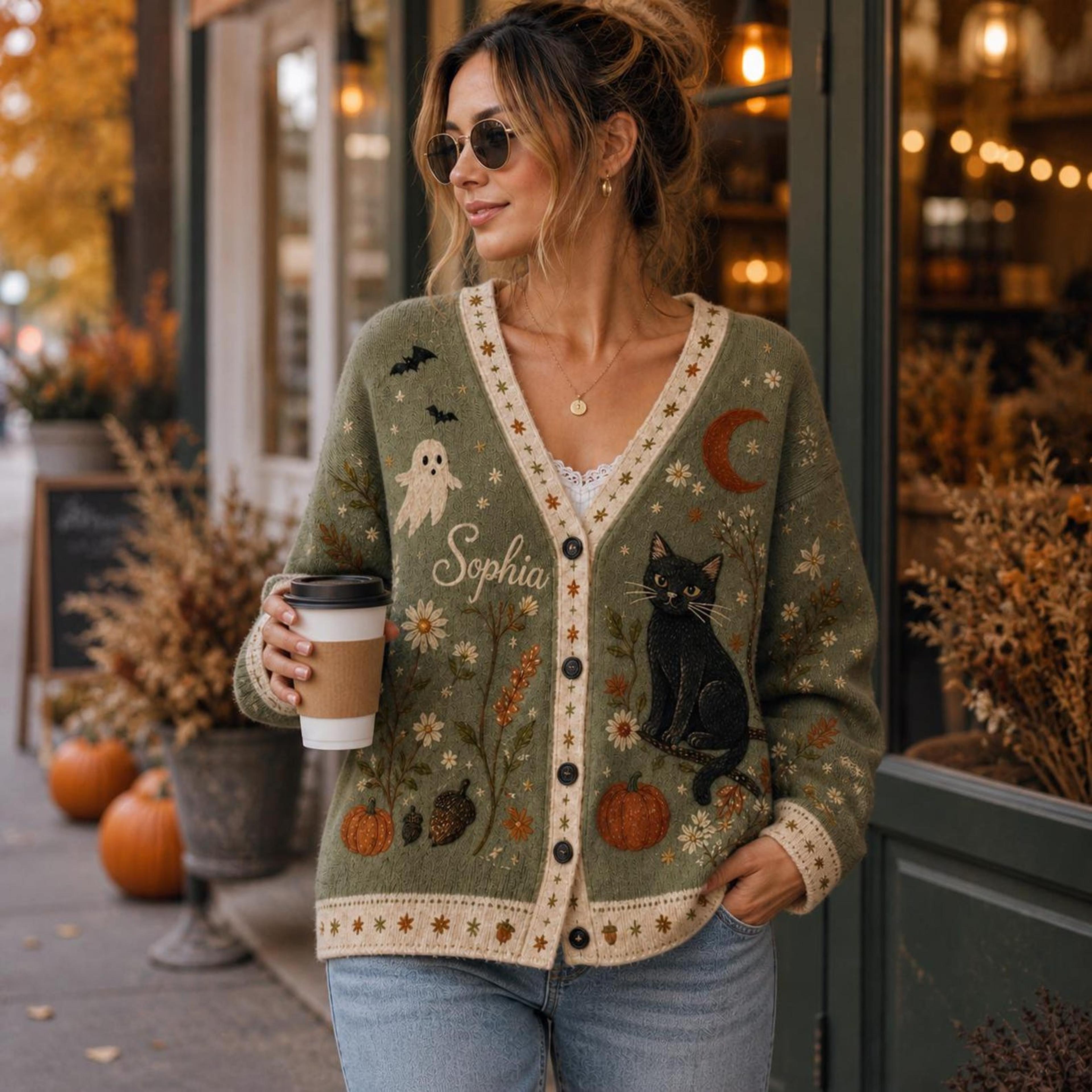 personalized halloween black cat cardigan, custom name pumpkin ghost unisex adult printed fall cardigan