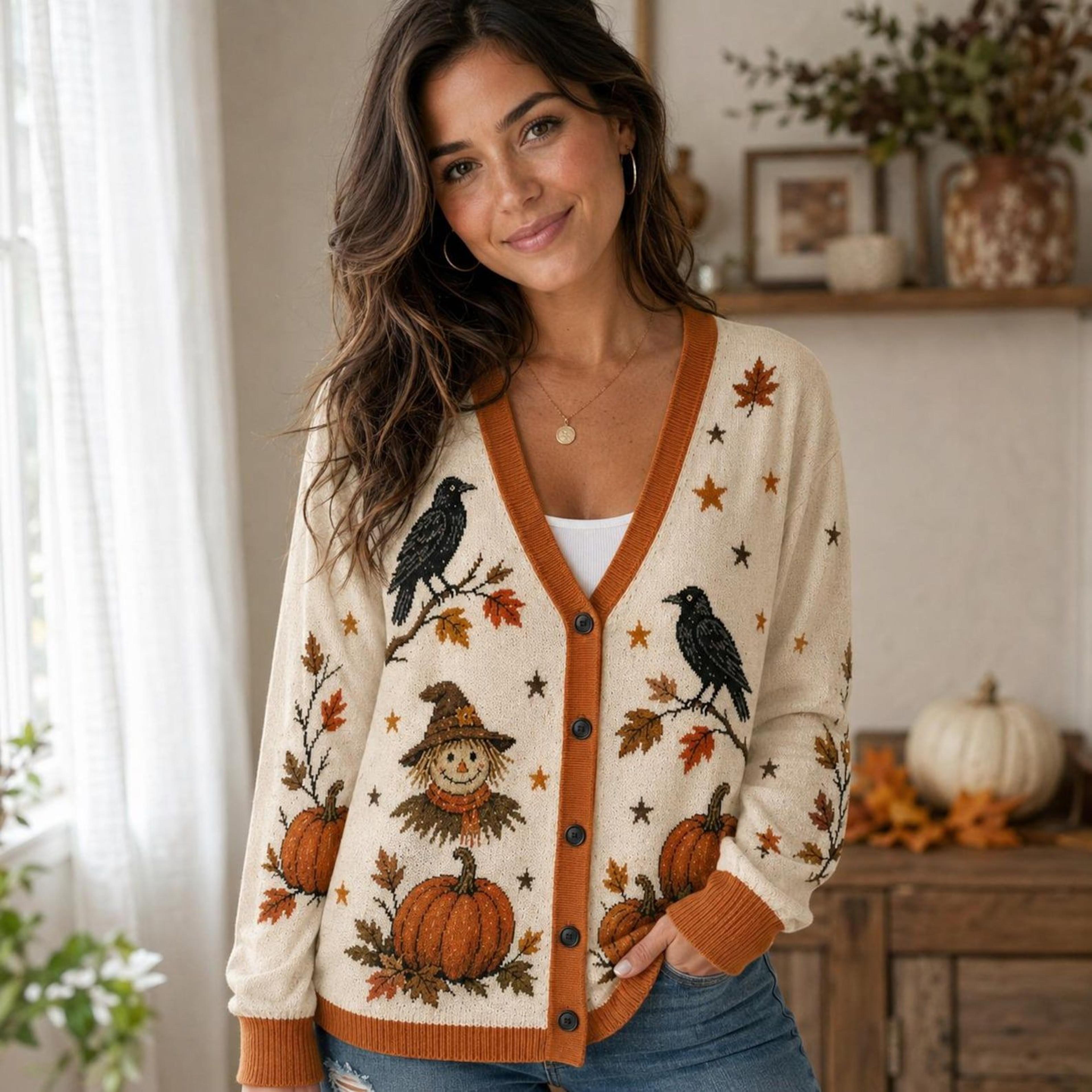 halloween scarecrow cardigan, unisex adult pumpkin raven printed sweater, rustic harvest autumn fall cardigan