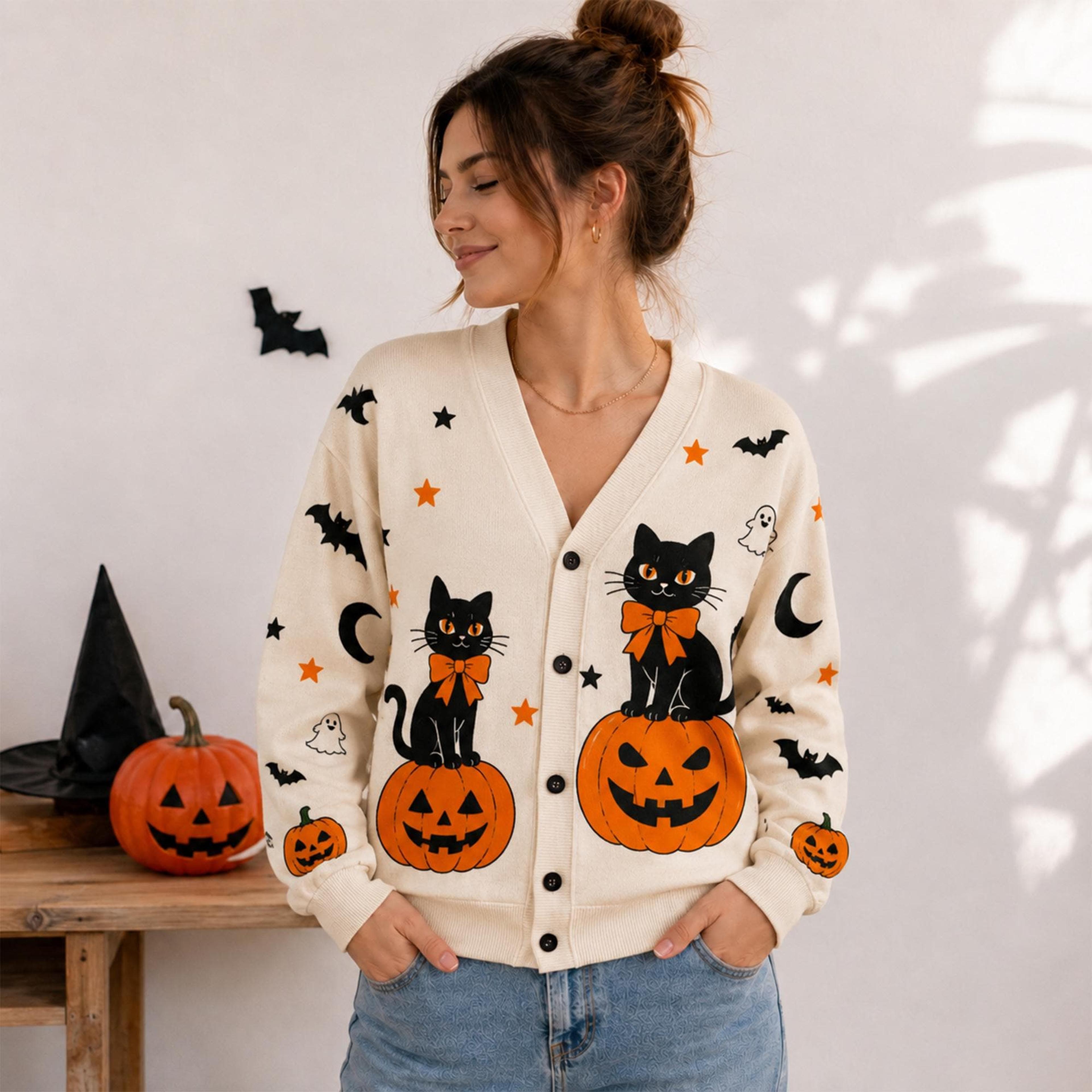 halloween black cat cardigan, unisex adult pumpkin ghost printed sweater, spooky cat fall halloween cardigan