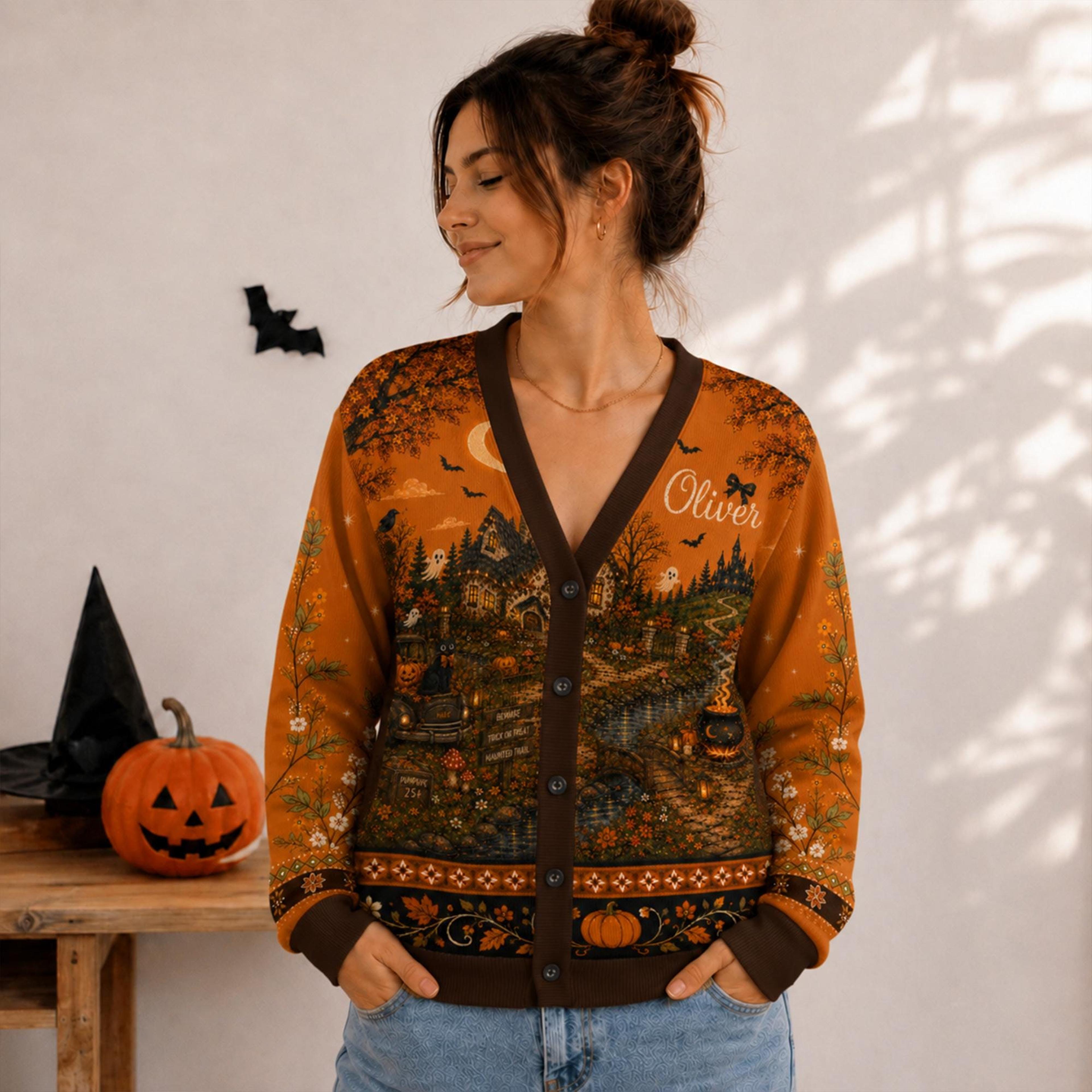 personalized halloween black cat cardigan, unisex adult pumpkin haunted house printed fall spooky cardigan