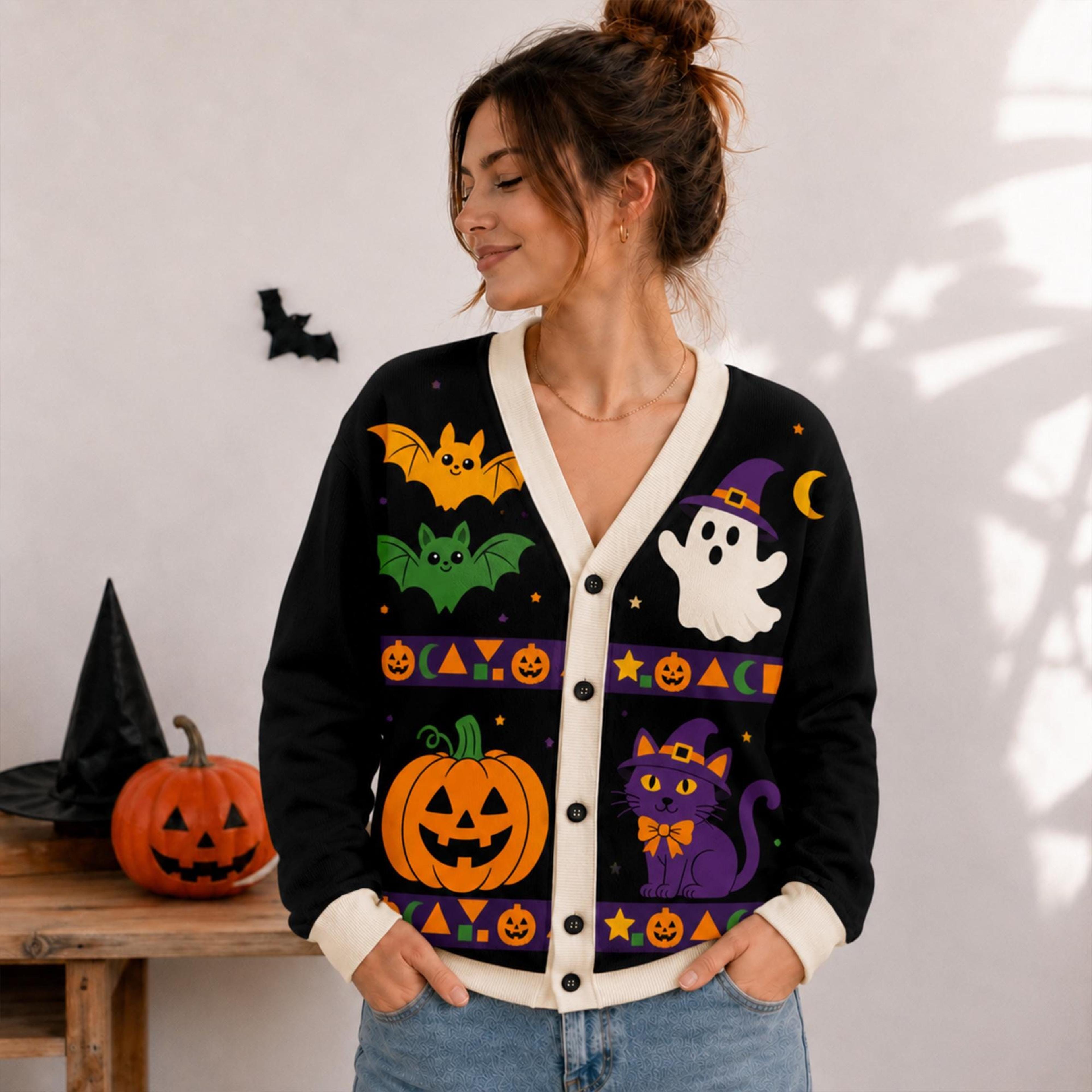 halloween pumpkin cardigan, unisex adult black cat ghost bat printed spooky fall cardigan, jack o lantern sweater