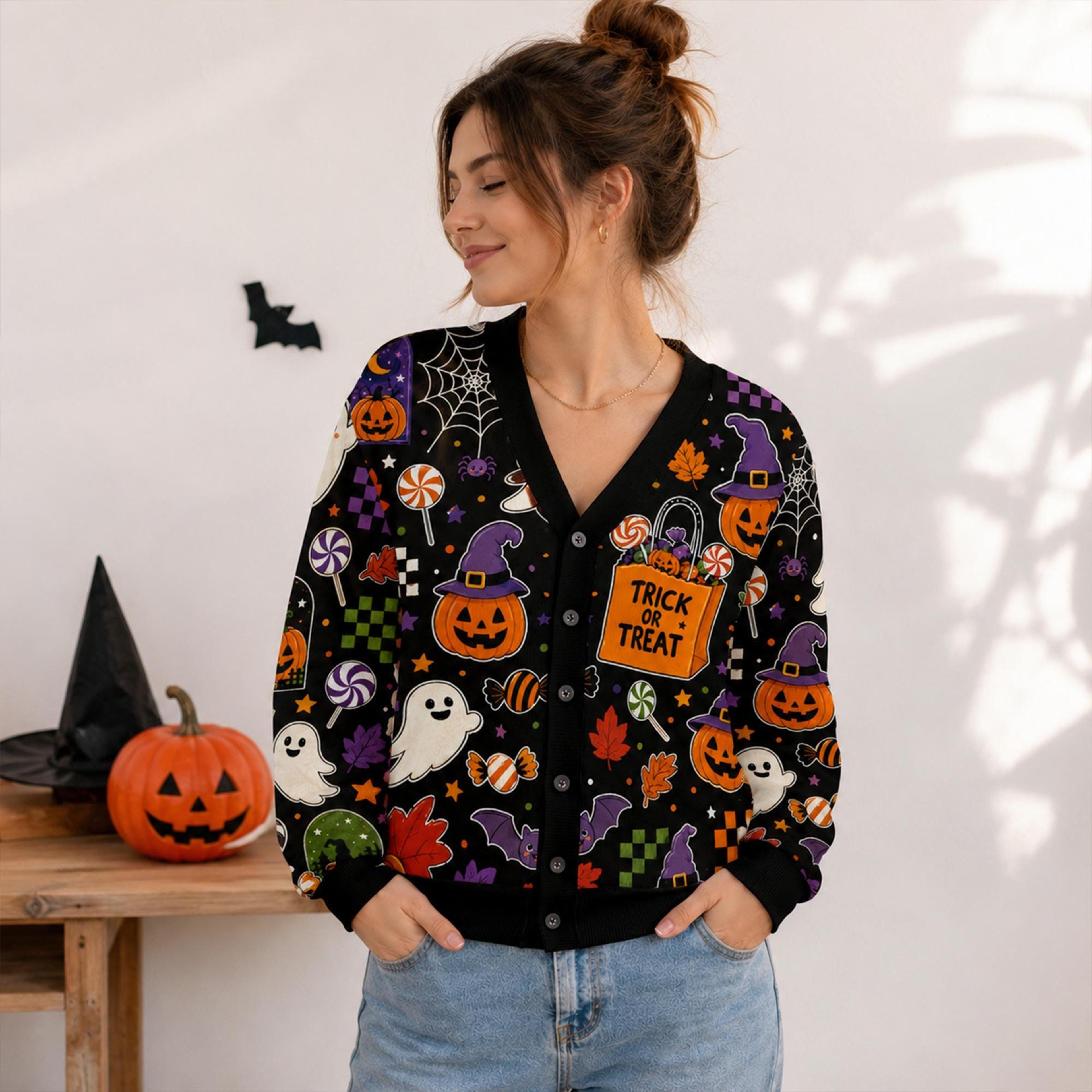 halloween trick or treat cardigan, unisex adult ghost pumpkin candy printed spooky fall cardigan, halloween party sweate
