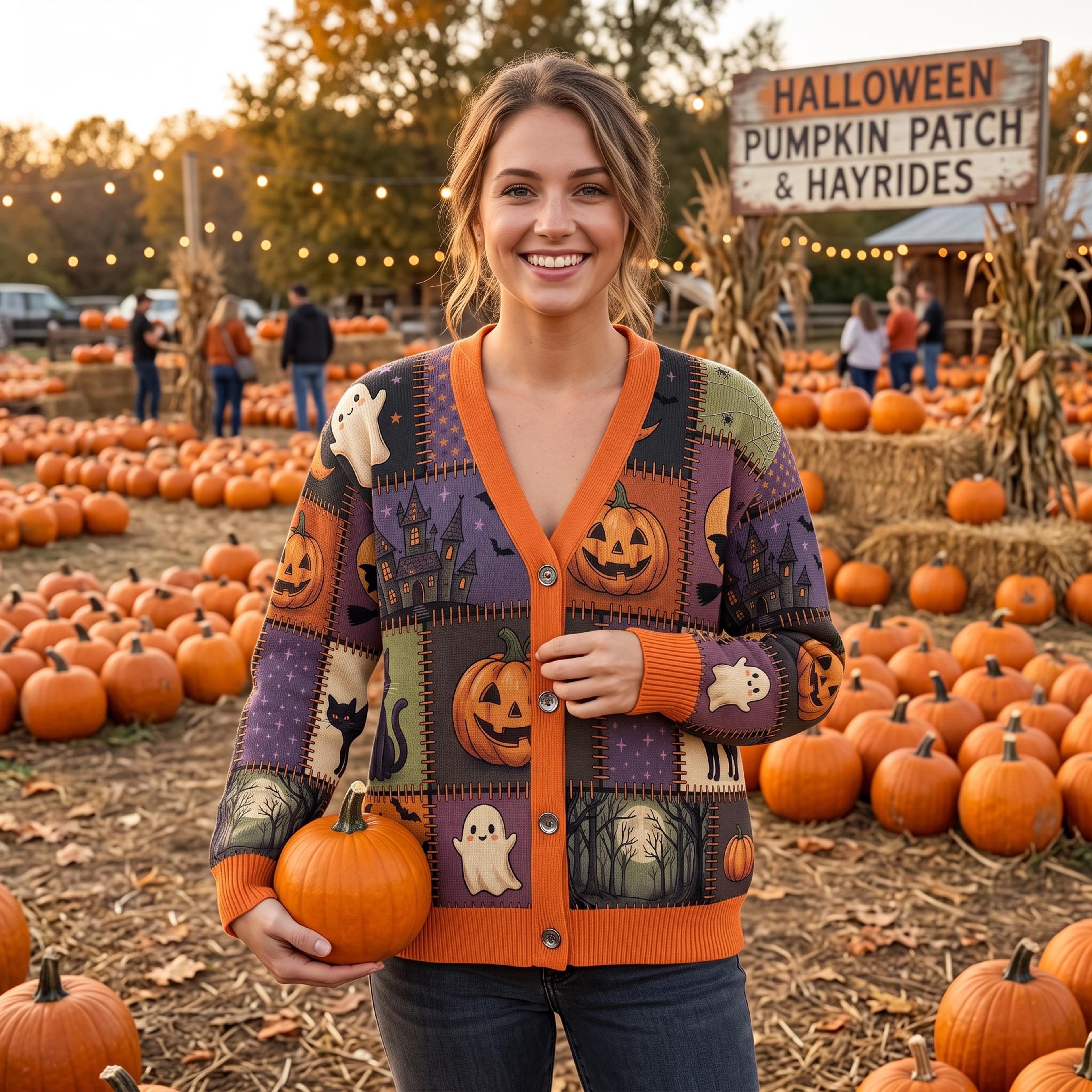 halloween patchwork cardigan, unisex adult ghost pumpkin black cat printed spooky season fall cardigan