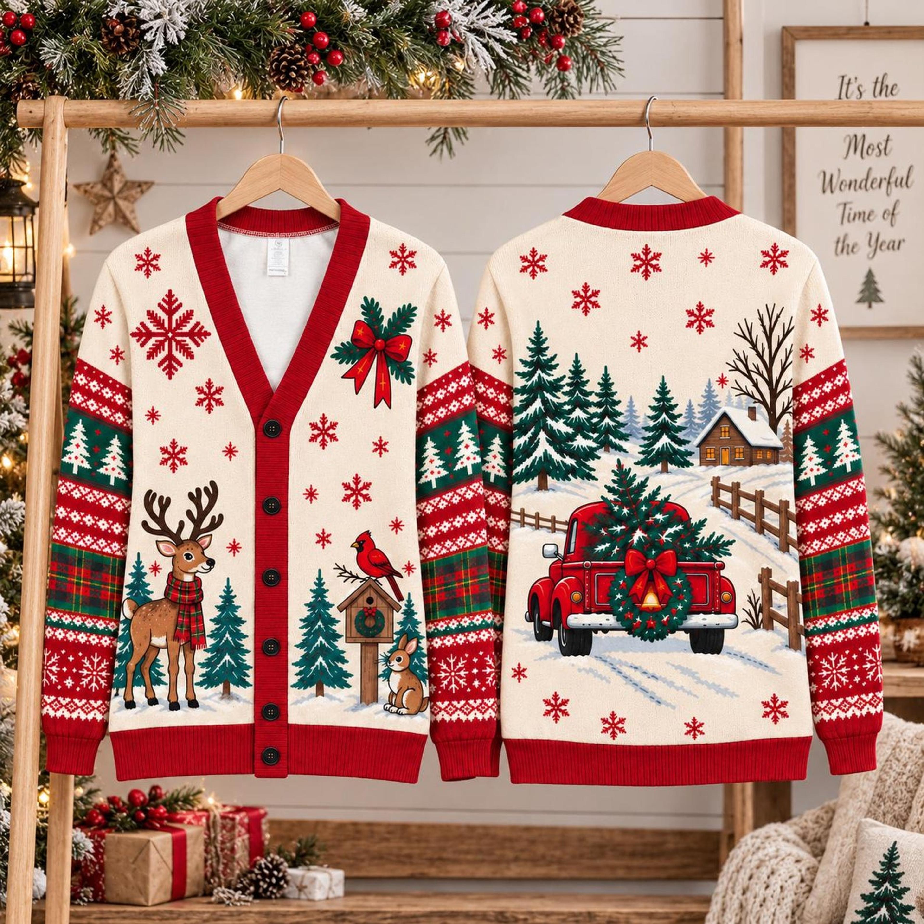 christmas reindeer cardigan, unisex adult holiday printed cardigan, red truck snowflake winter christmas sweater