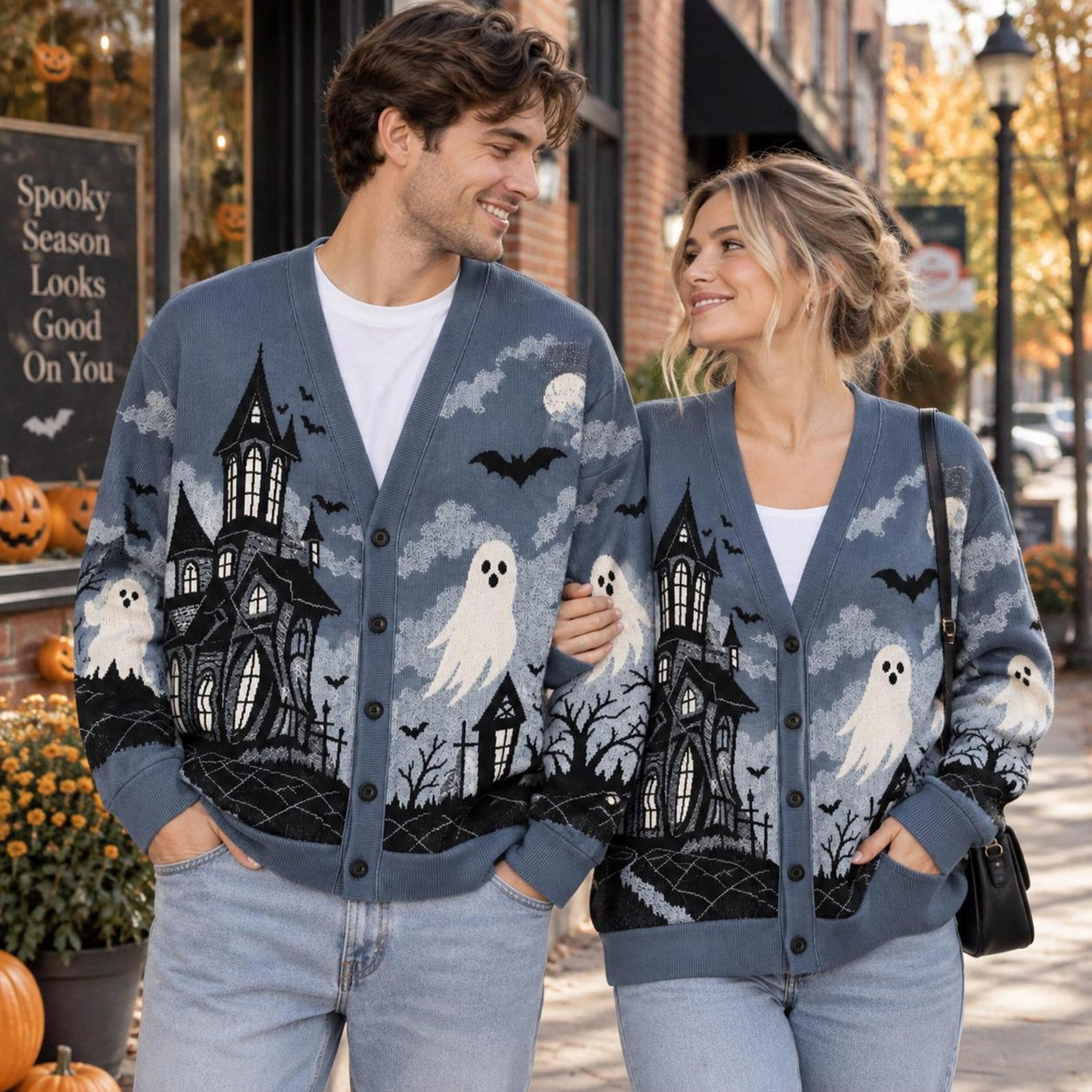 halloween haunted house cardigan, unisex adult ghost & bat printed cardigan, spooky moon gothic halloween sweater