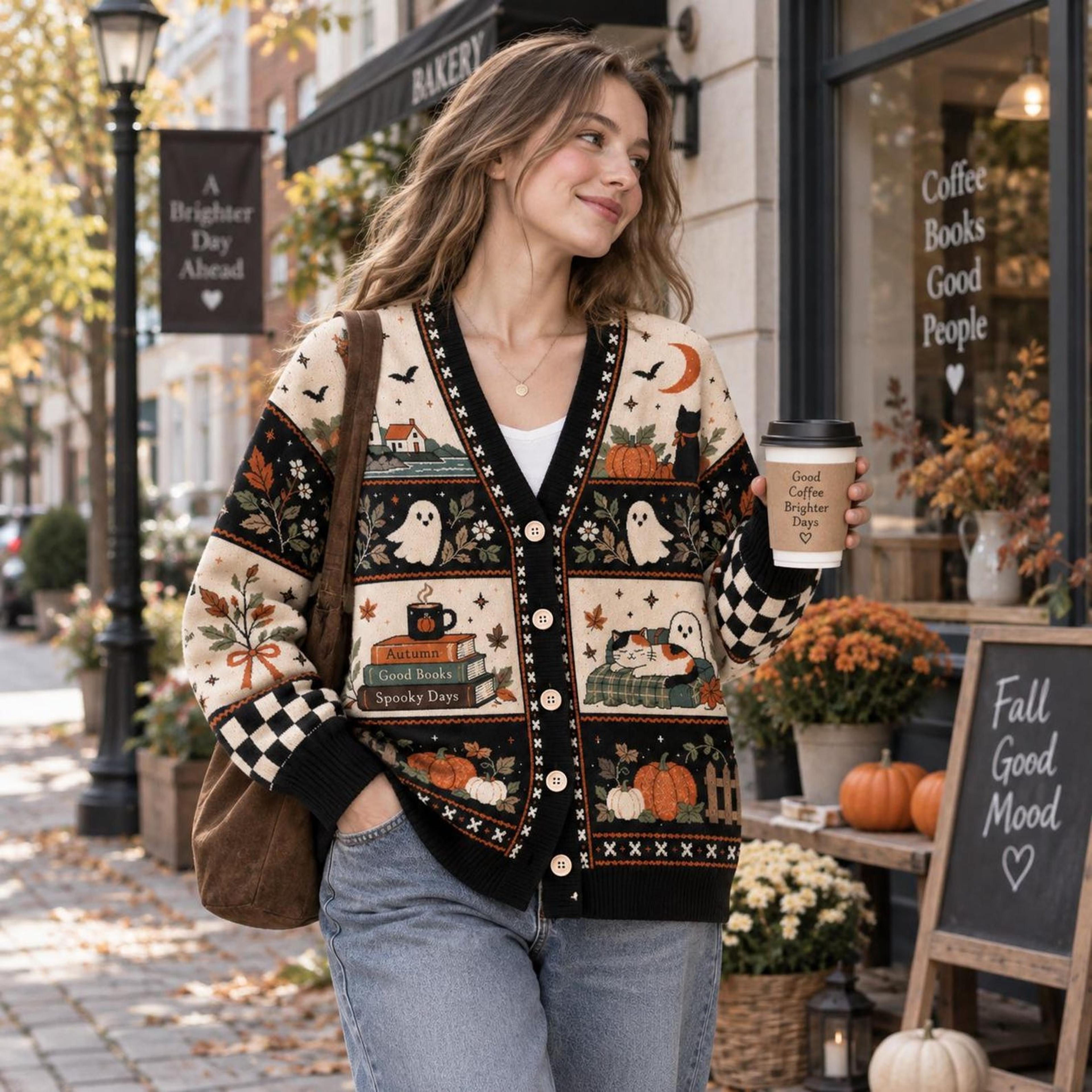 autumn books halloween cardigan, unisex adult ghost pumpkin printed cardigan, cozy fall reading spooky season sweater