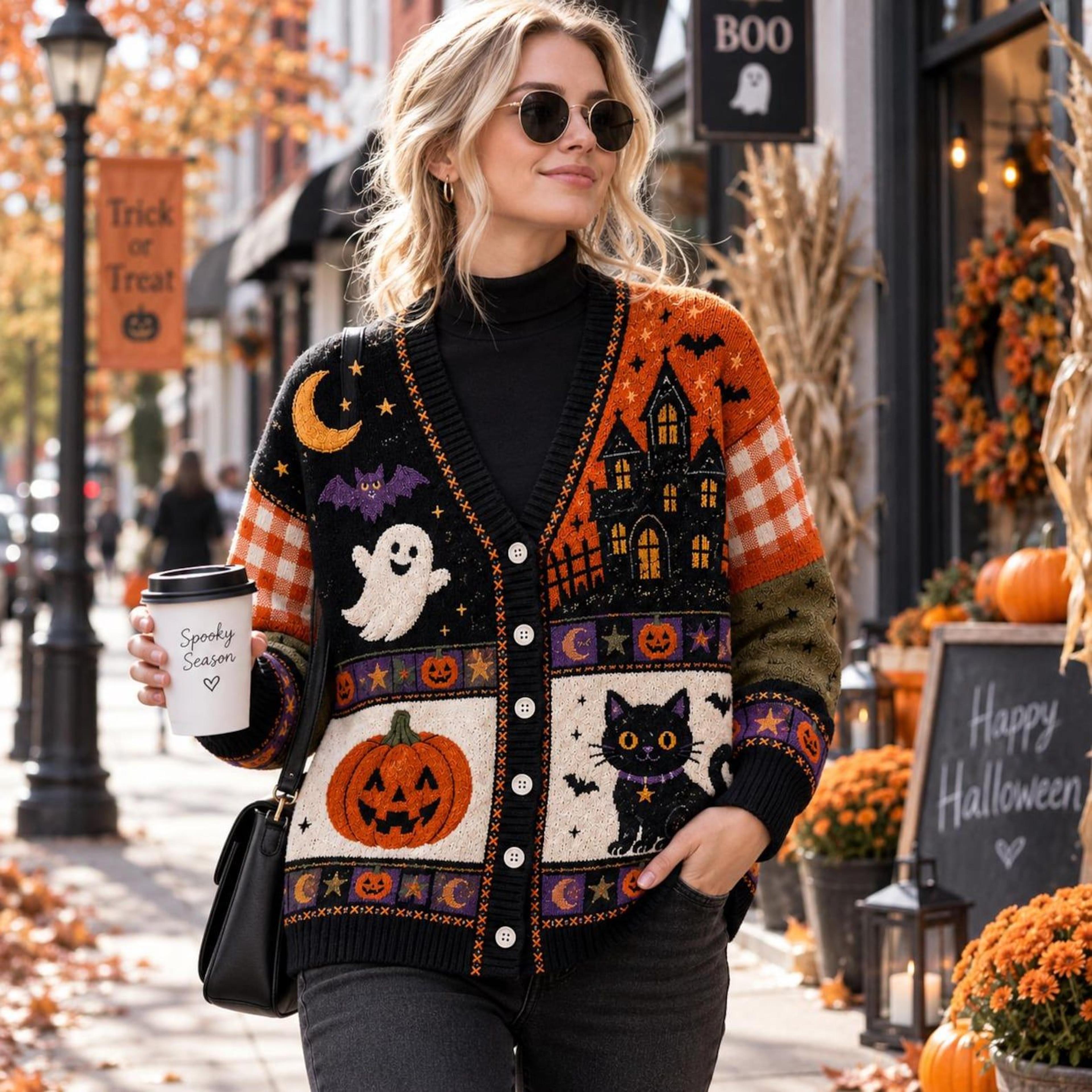 halloween black cat cardigan, unisex adult ghost pumpkin printed cardigan, haunted house spooky fall sweater