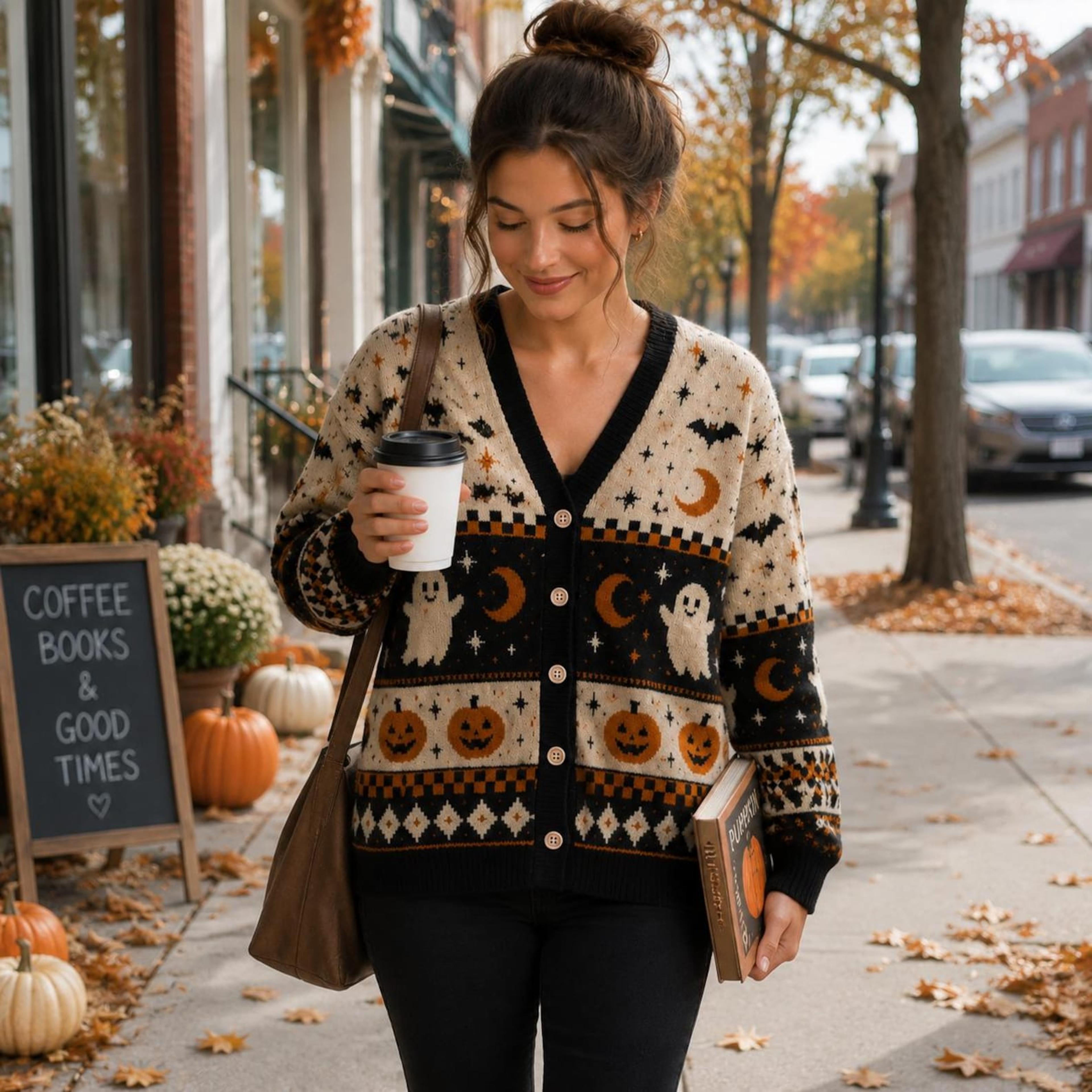 halloween ghost pumpkin cardigan, unisex adult spooky printed cardigan, retro moon bat jack o lantern fall sweater