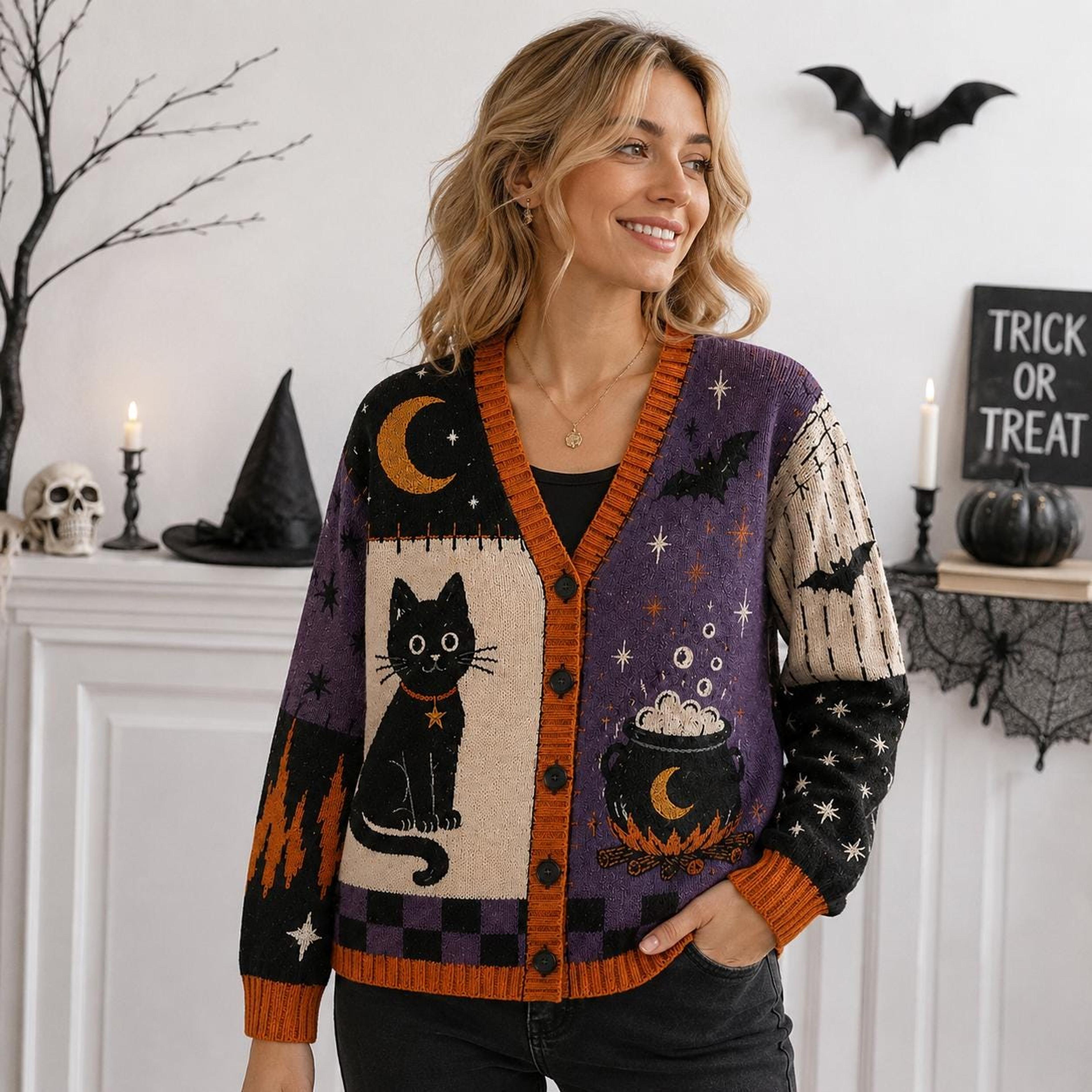 halloween black cat cardigan, unisex adult witch cauldron printed cardigan, purple moon bat spooky fall sweater