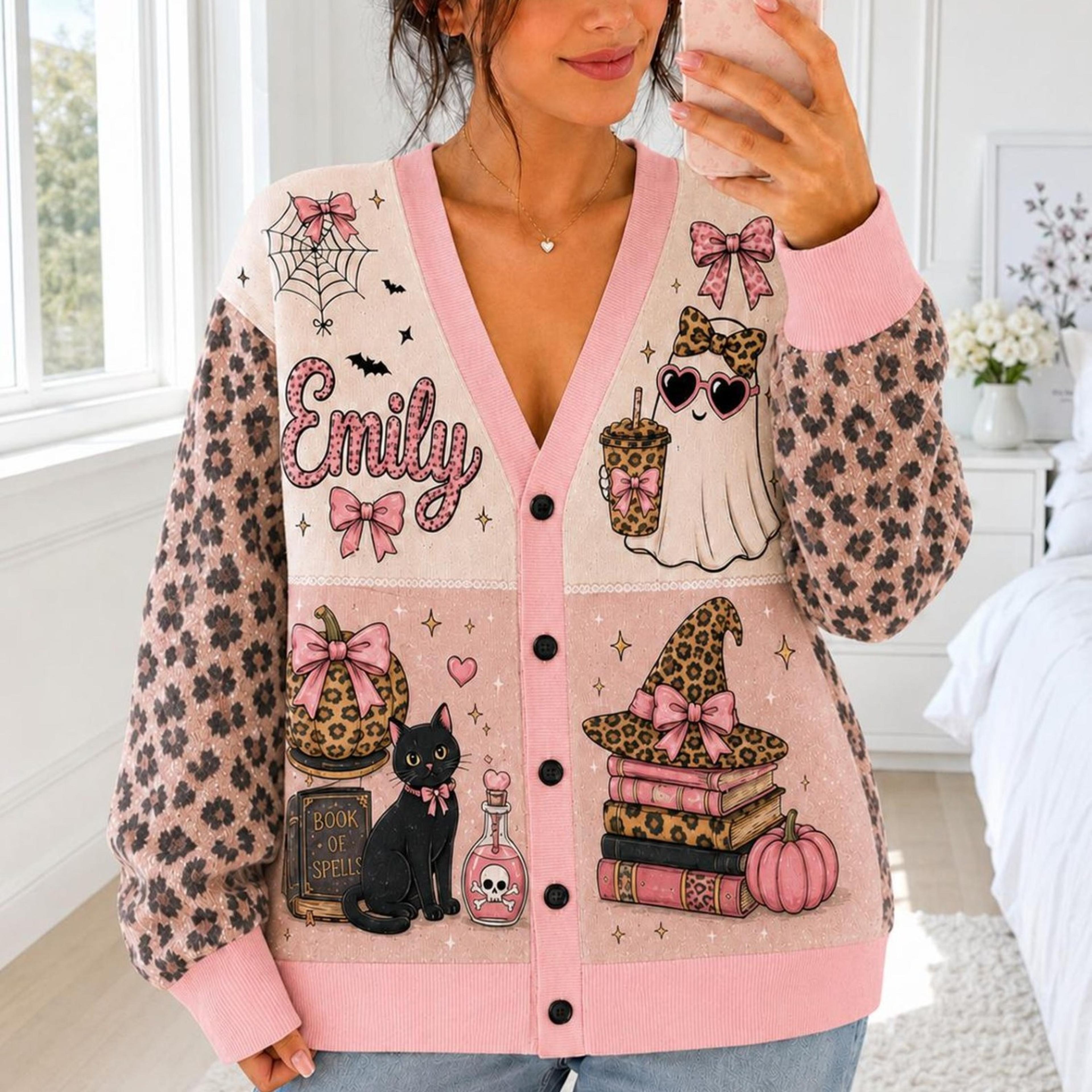 personalized halloween cardigan, custom name pink ghost black cat printed cardigan, unisex adult spooky fall sweater