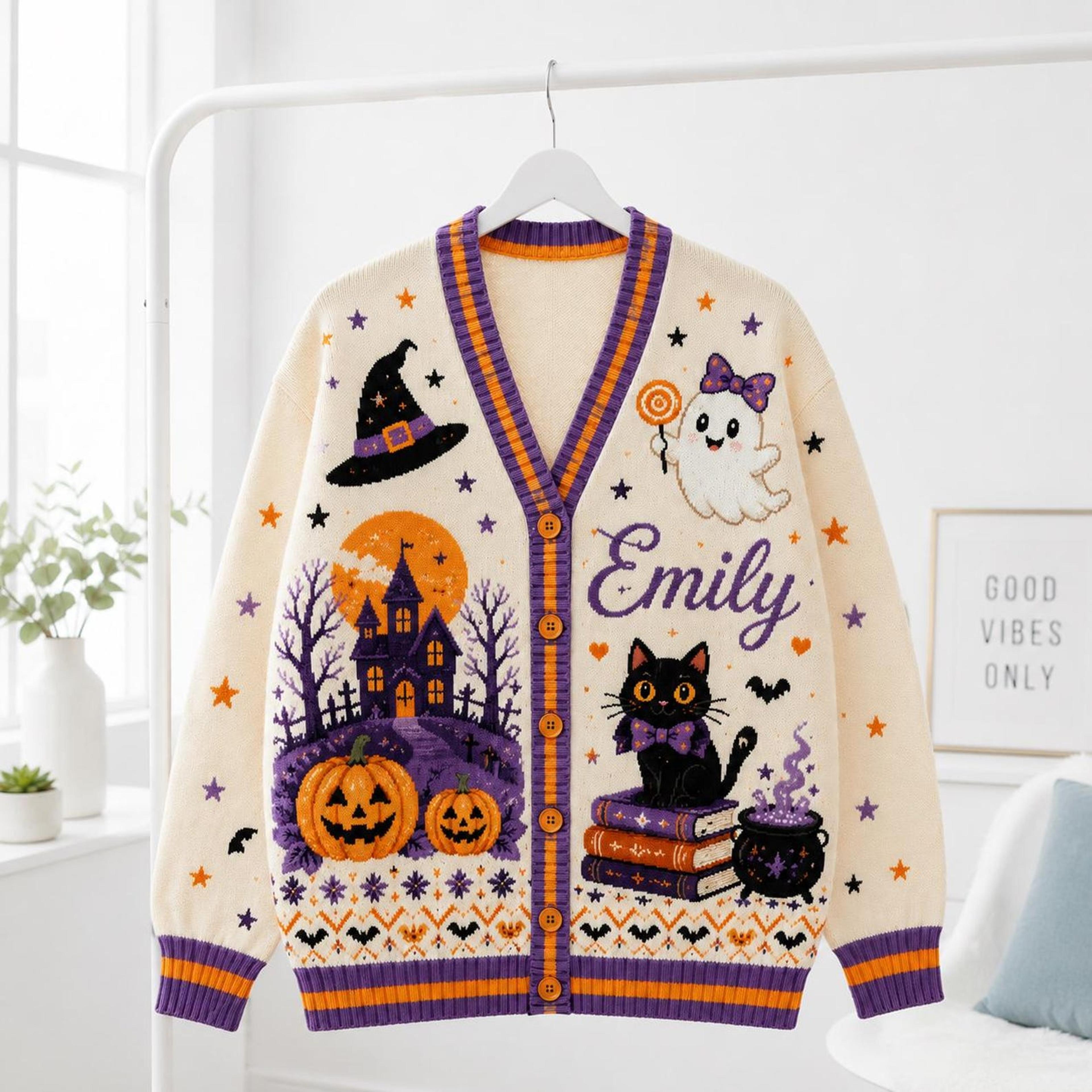 personalized halloween cardigan, custom name ghost black cat haunted house printed cardigan, unisex adult spooky sweater