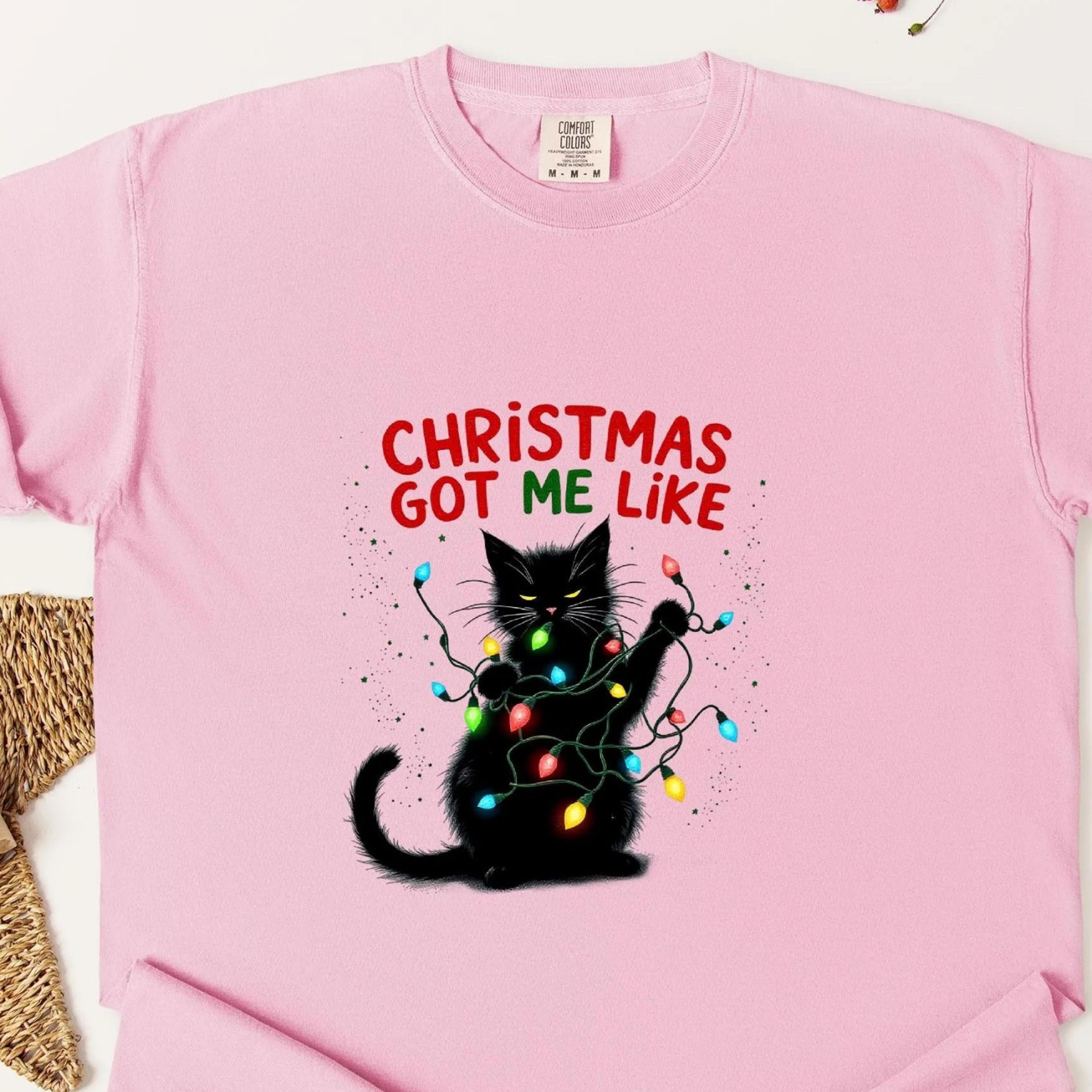 christmas cat t shirt festive holiday lights