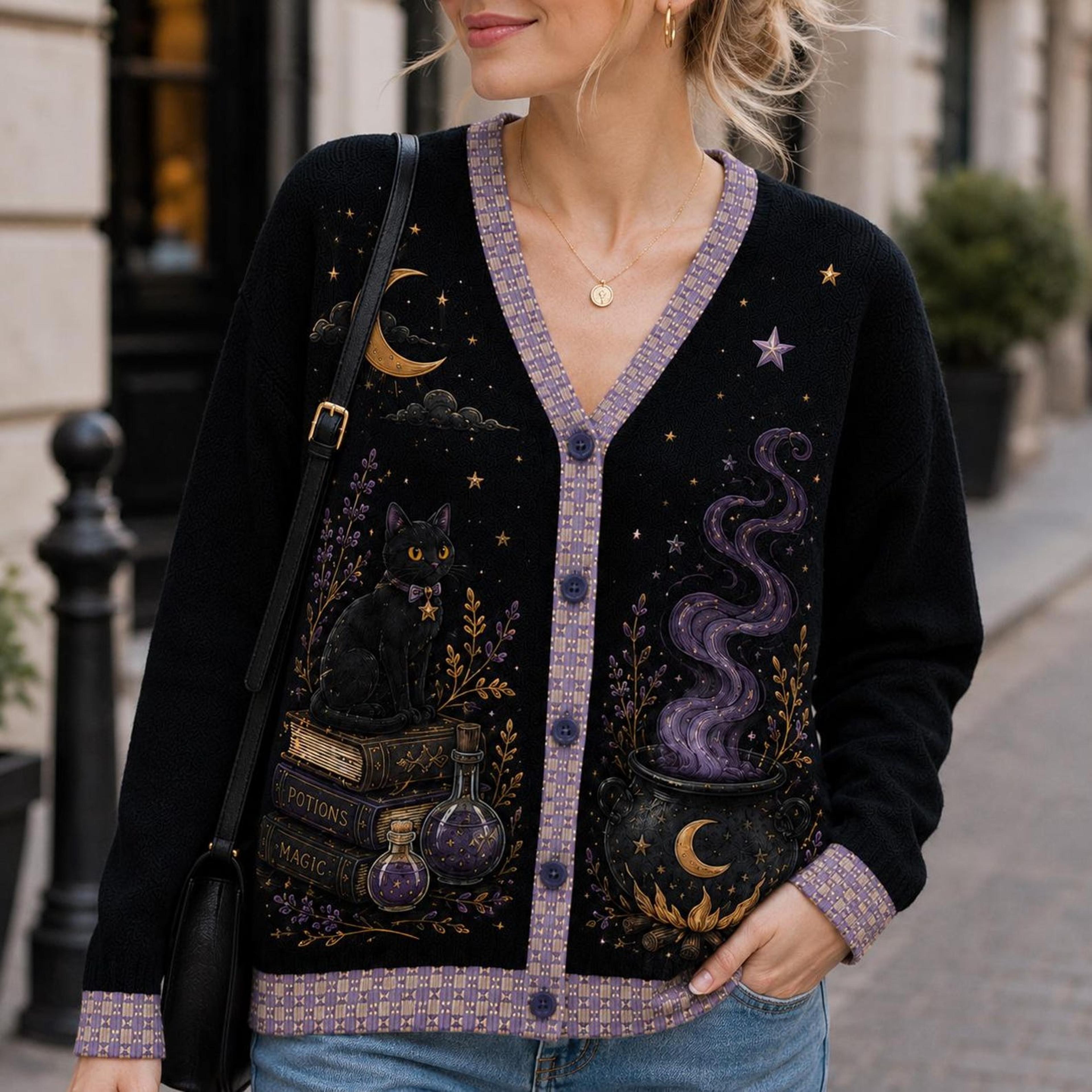 black cat witch halloween cardigan, moon spell book potion printed cardigan, unisex adult witchy spooky sweater