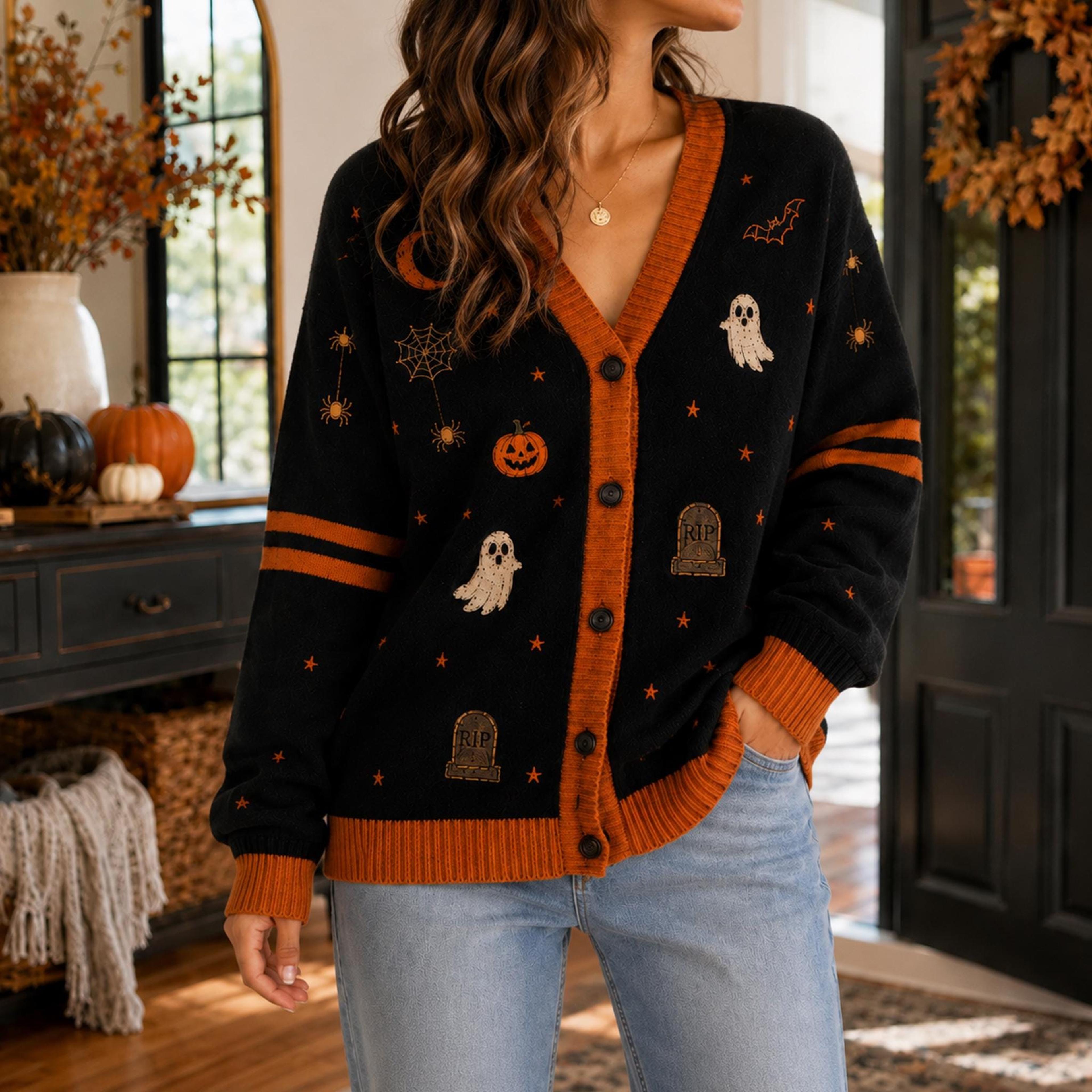 black halloween cardigan, pumpkin ghost spooky tree printed cardigan, unisex adult haunted autumn sweater