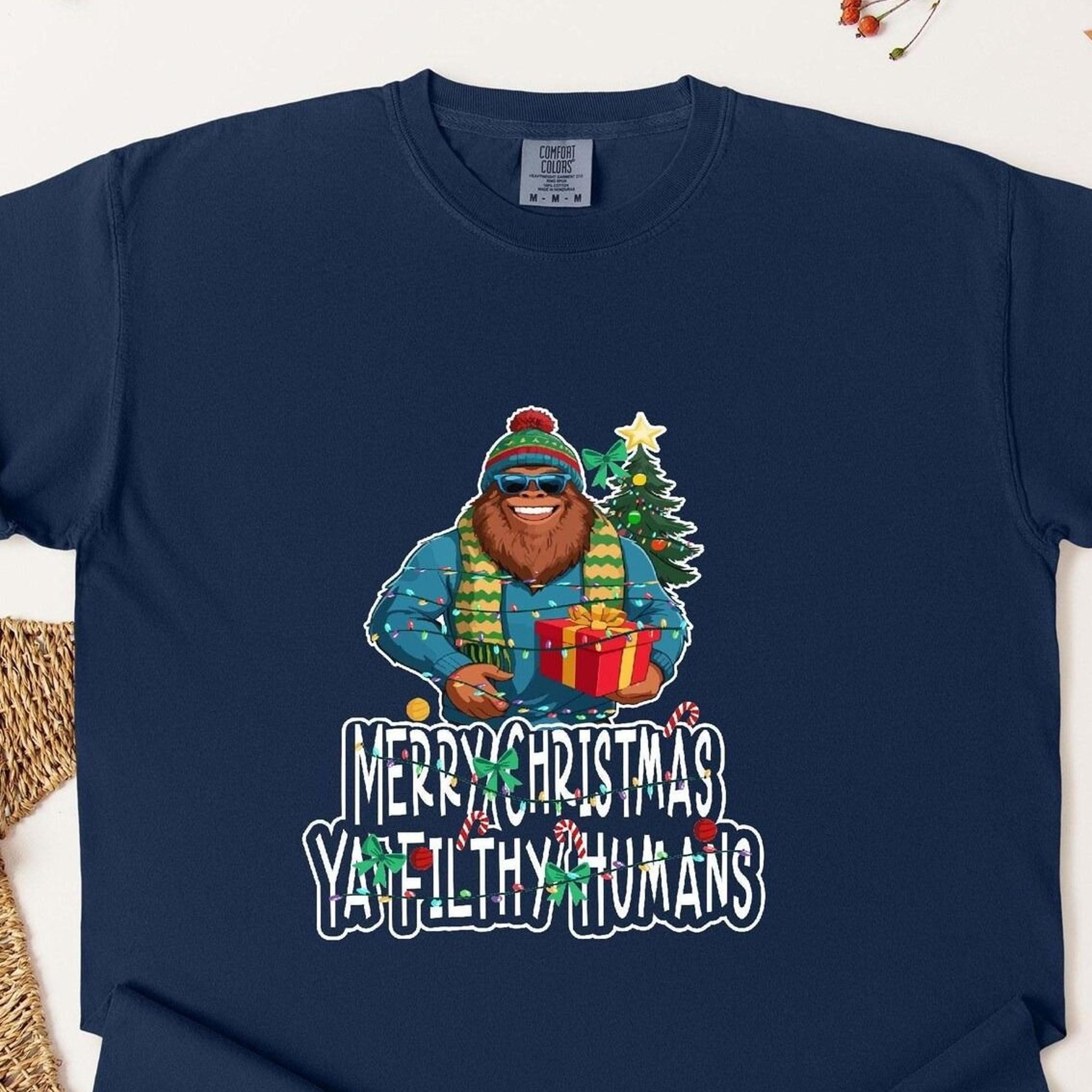 bigfoot christmas t-shirt merry christmas ya filthy humans