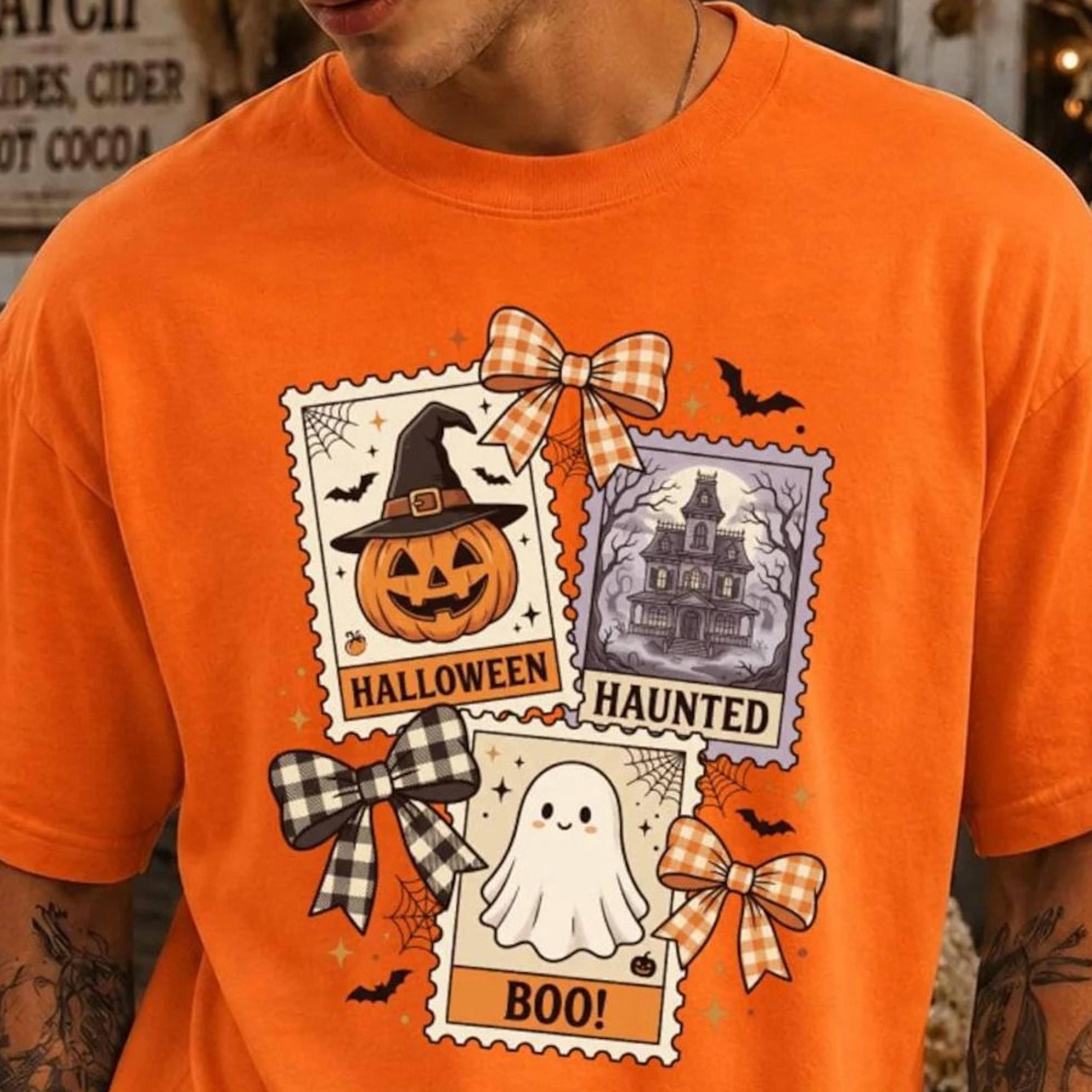 halloween t-shirt, vintage stamp graphic tee, spooky haunted house pumpkin