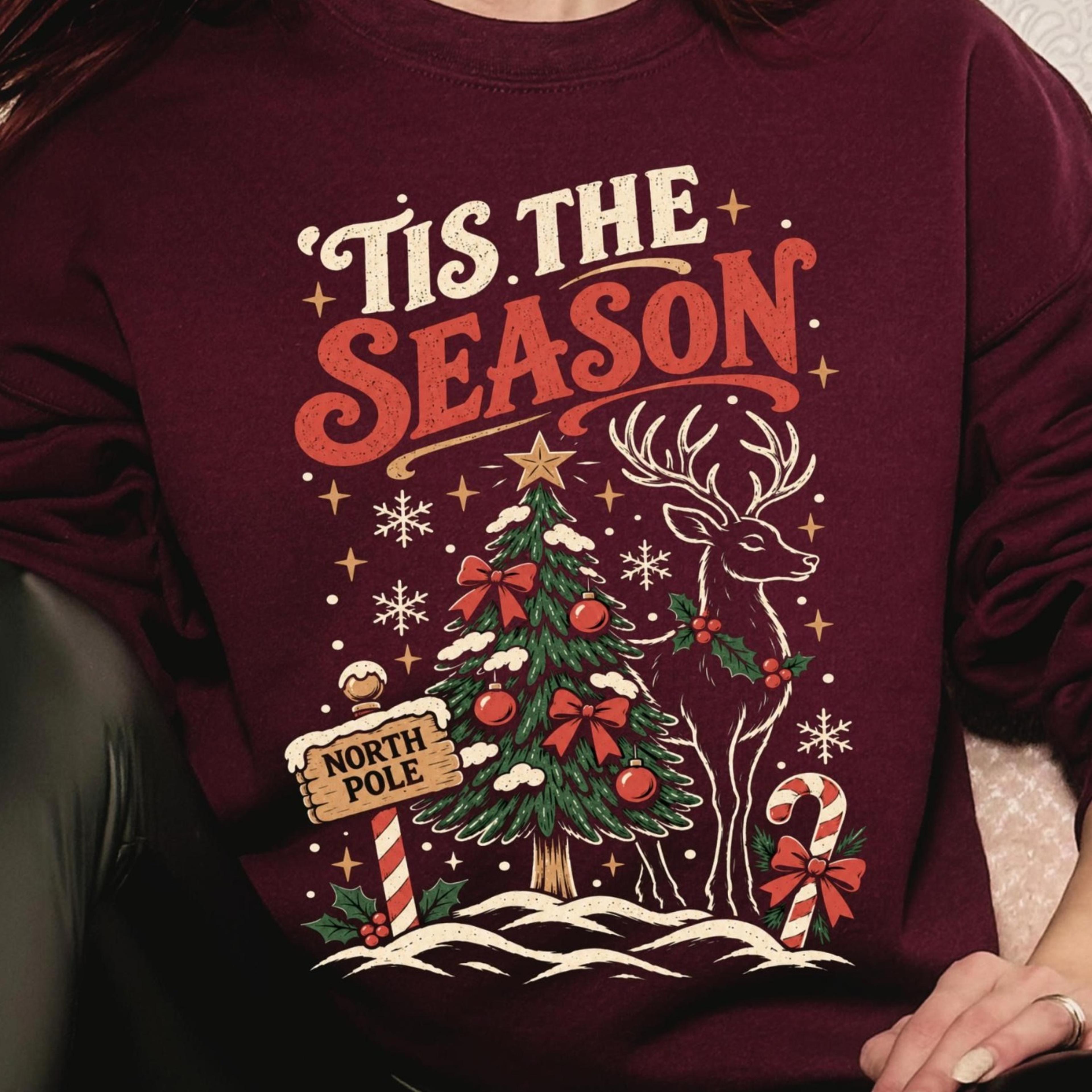 north pole sweatshirt, graphic christmas crewneck, gift for xmas, 'tis the season unisex , vintage reindeer