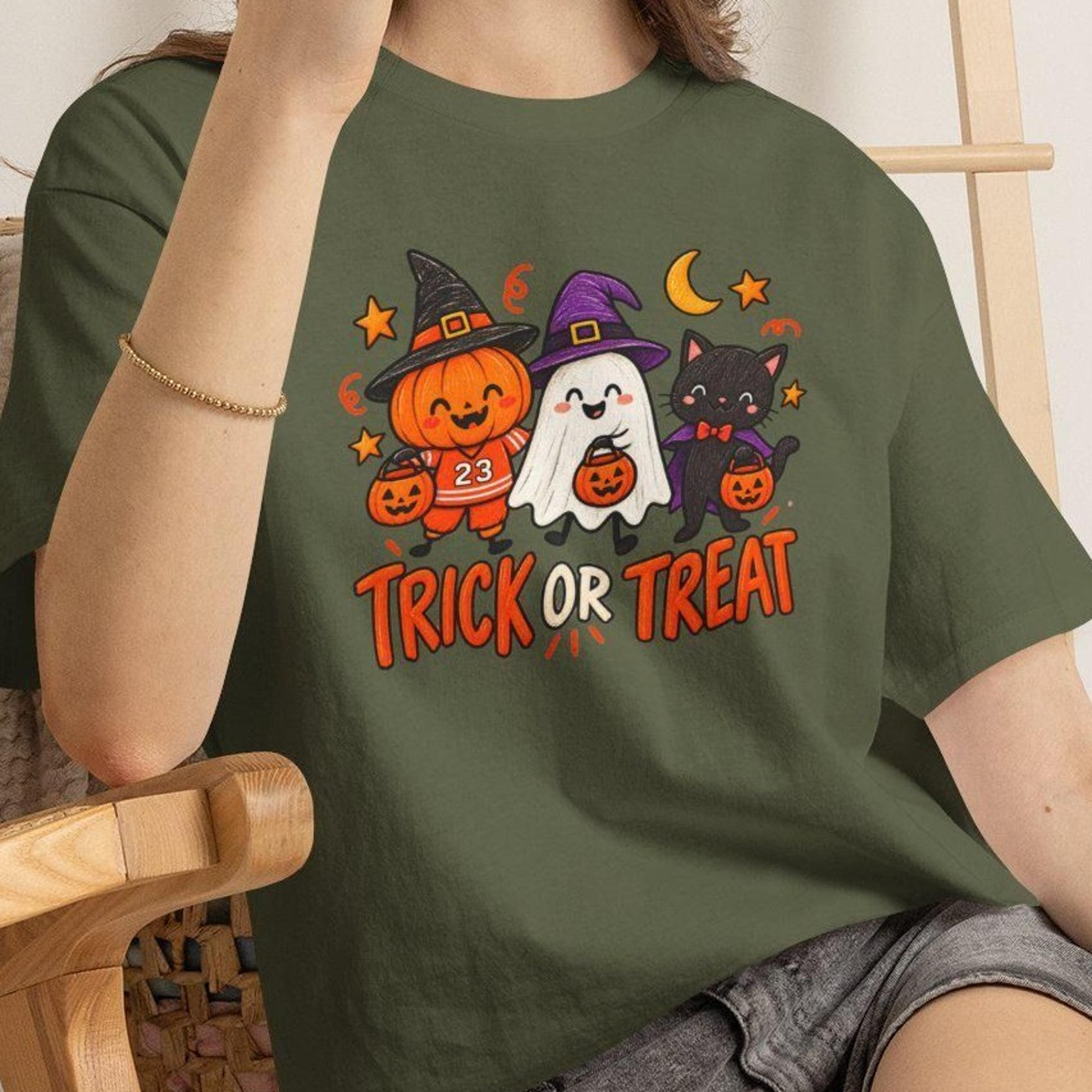 halloween trick or treat t-shirt, cute pumpkin ghost cat tee, spooky season shirt, witch hat halloween shirt
