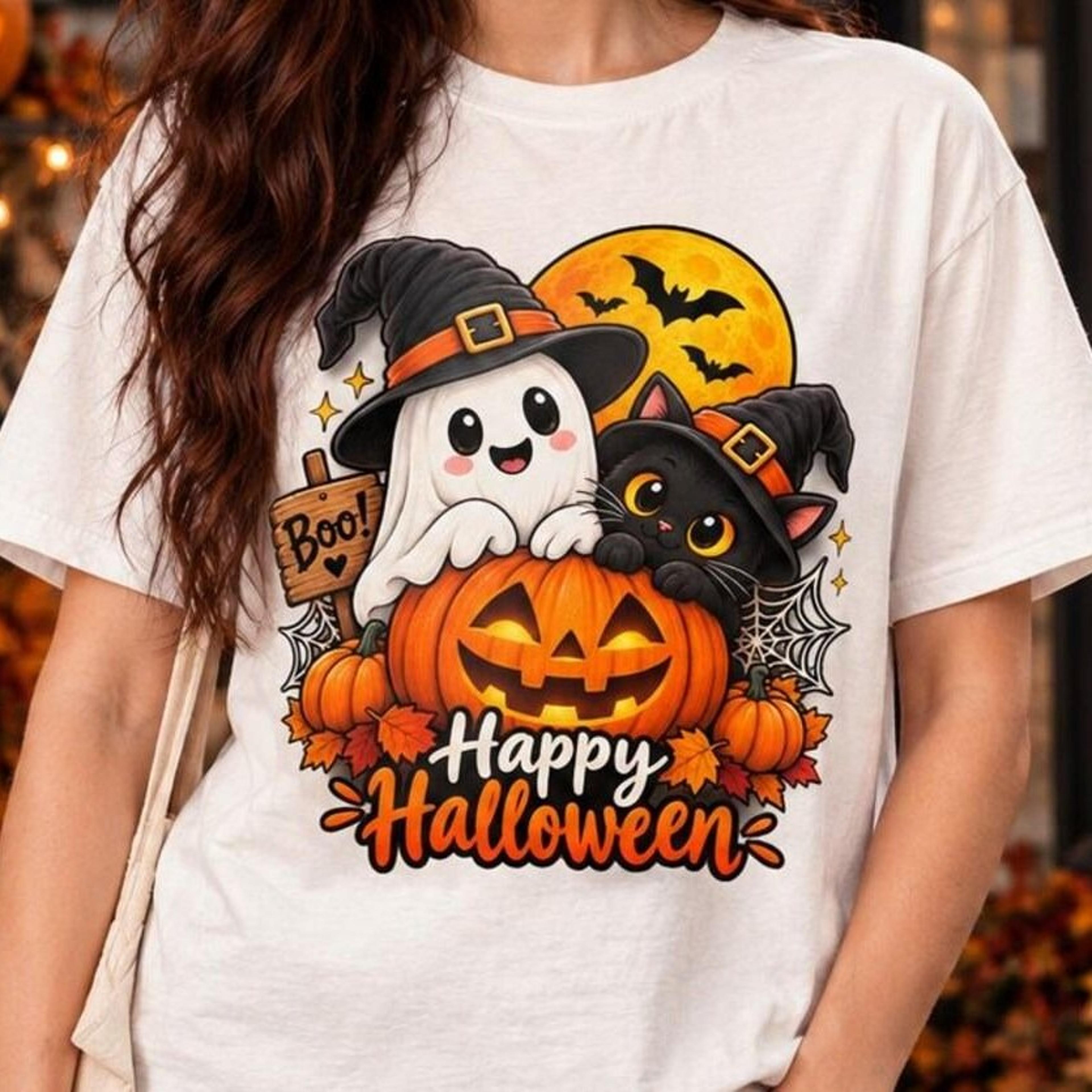 happy halloween t-shirt, cute ghost black cat pumpkin tee, spooky fall shirt, halloween graphic tee, autumn gift for her