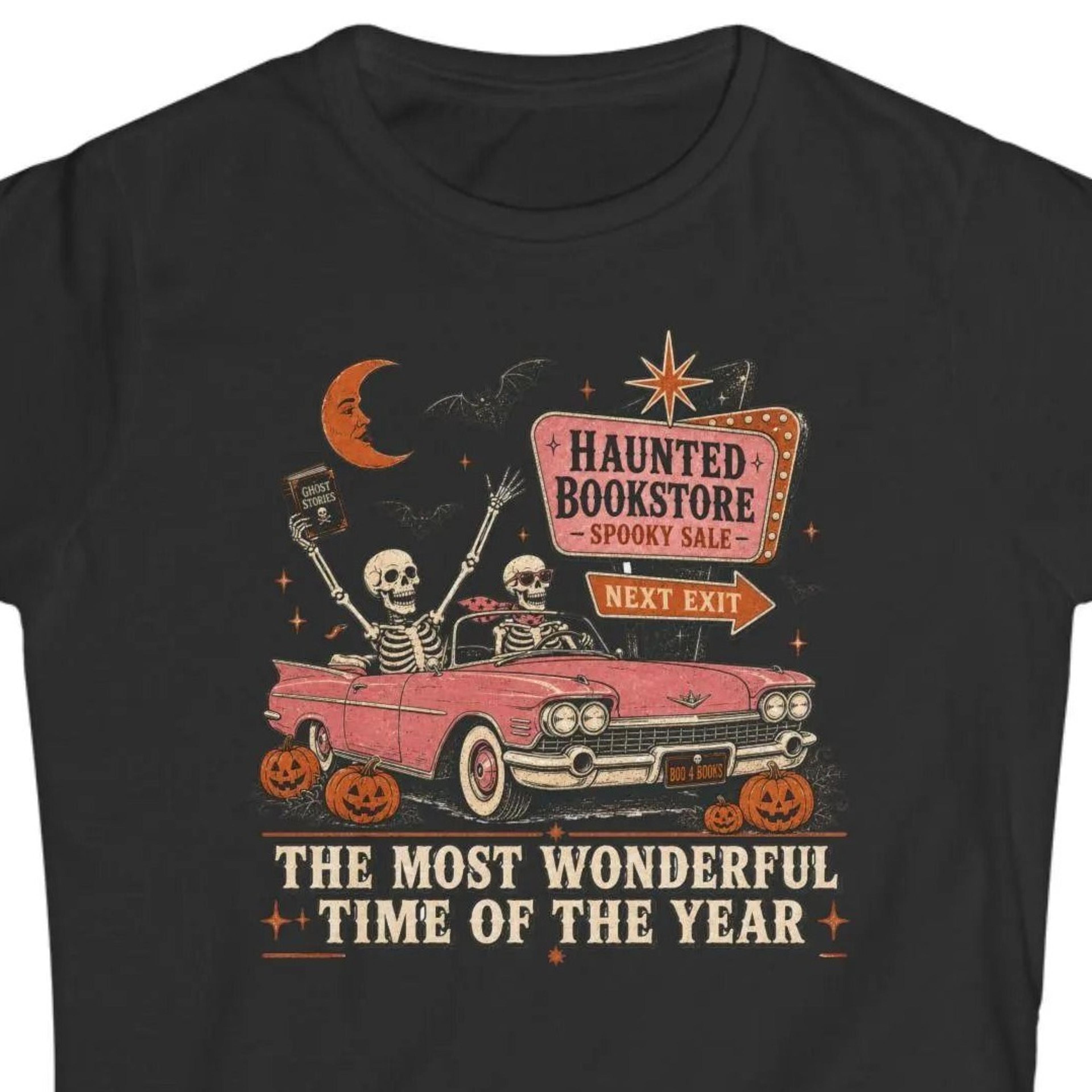haunted bookstore shirt, skeleton road trip halloween tee, funny book lover halloween shirt, retro pink car bookish