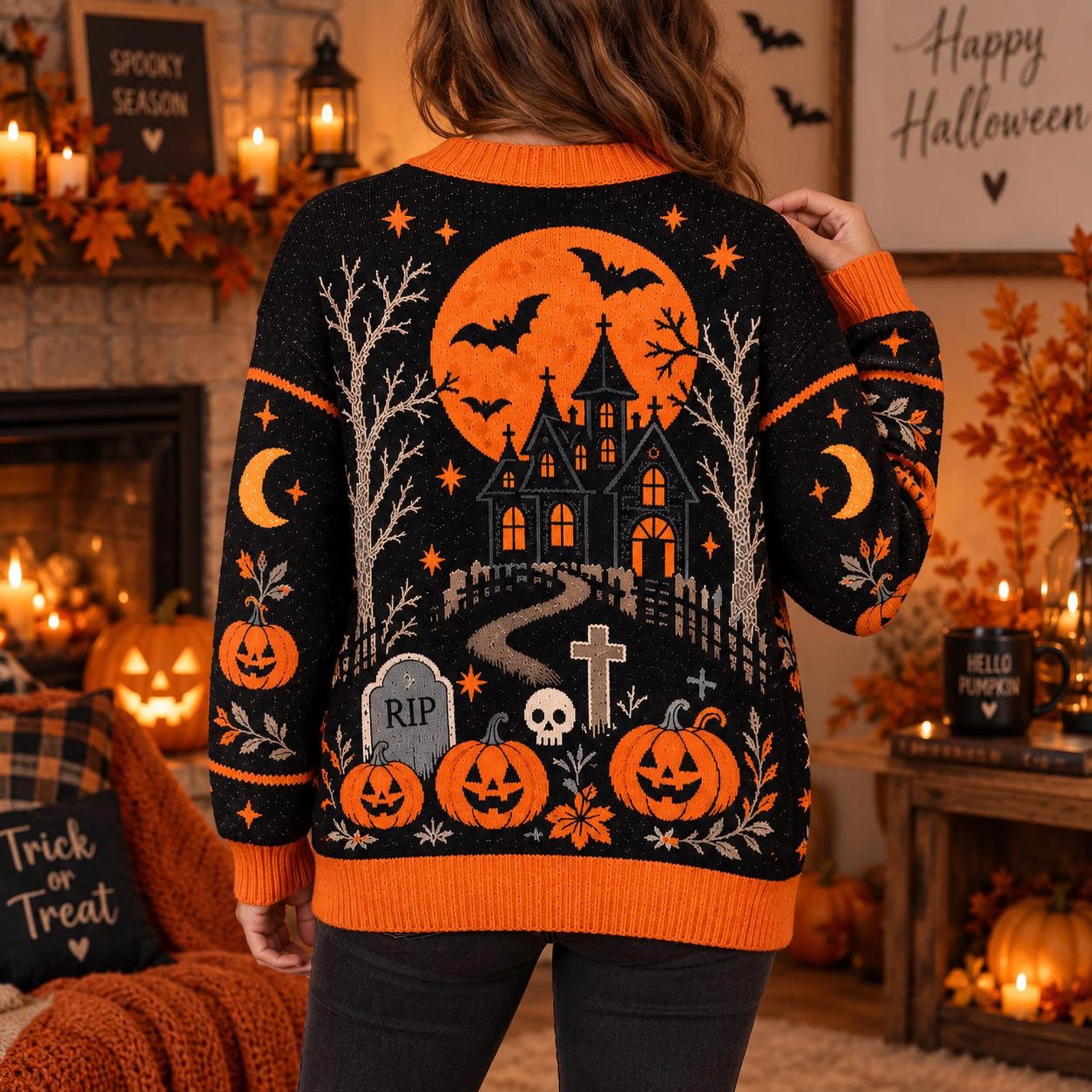 halloween haunted house ghost unisex cardigan, spooky printed sweater, witchy fall outfit, gothic halloween gift